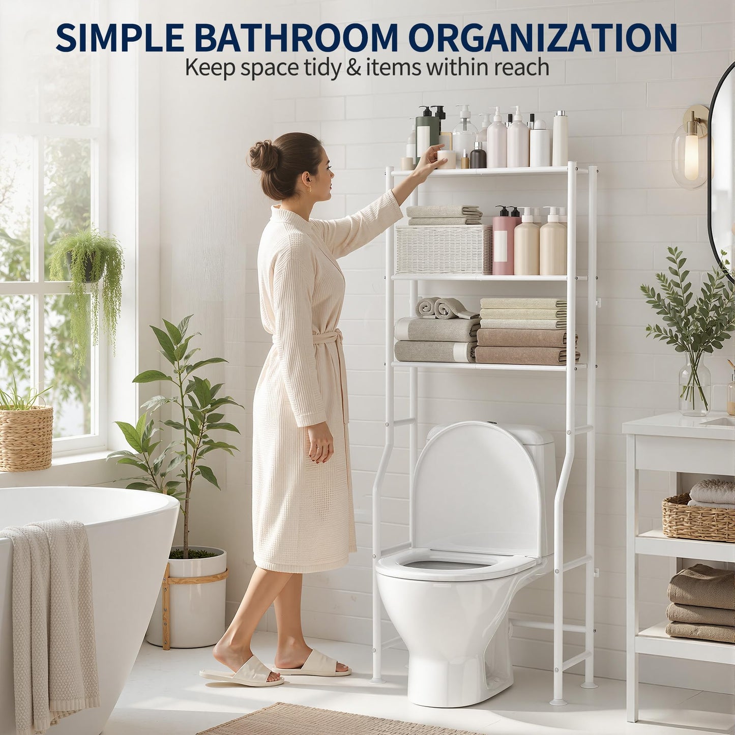 GloTika 3-Tier Over Toilet Storage Rack, Metal Over Toilet Bathroom Organizer Shelf, Freestanding Space Saver Storage Shelves for Bathroom/Laundry/Living Room (White)