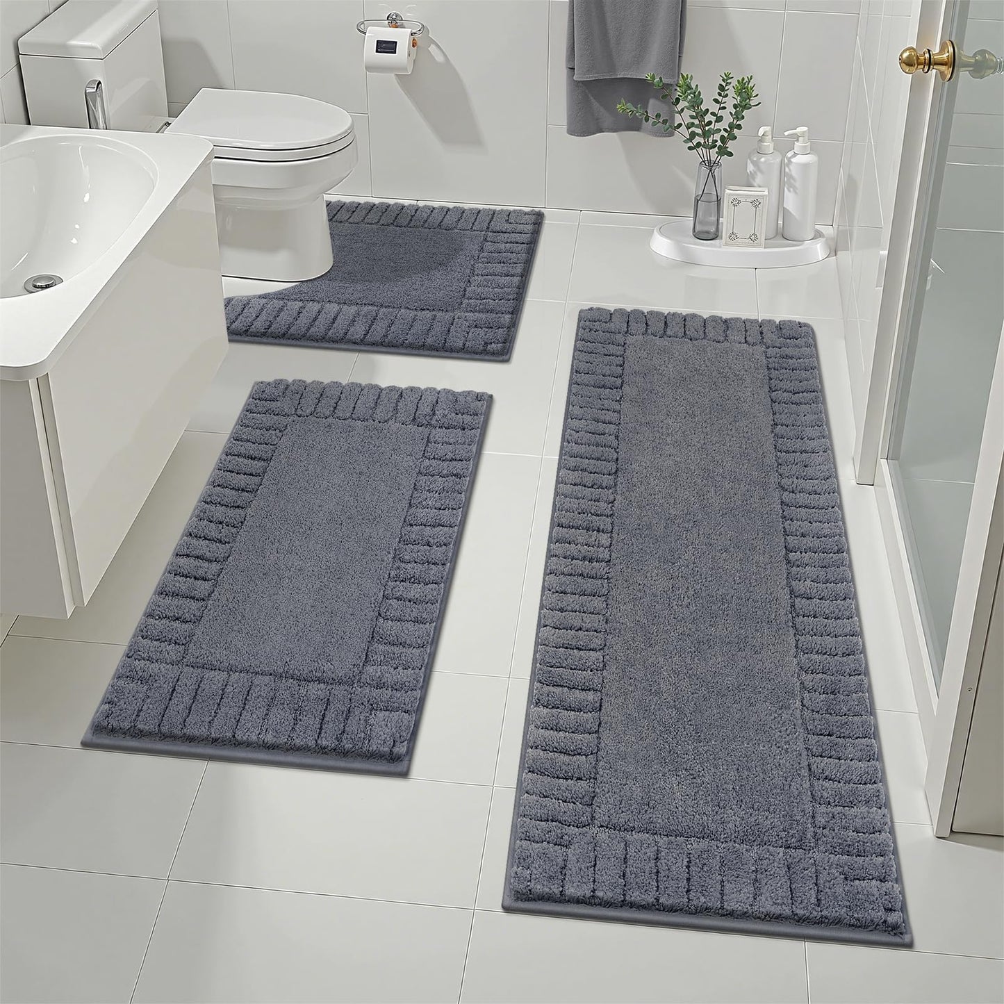 Pauwer Bathroom Rugs Sets 3 Piece Bathroom Shower Rugs with U-Shaped Contour Toilet Mat Absorbent Microfiber Plush Bath Mats Non Slip Bath Rugs Machine Washable Shaggy Bath Mat Set, Dark Grey