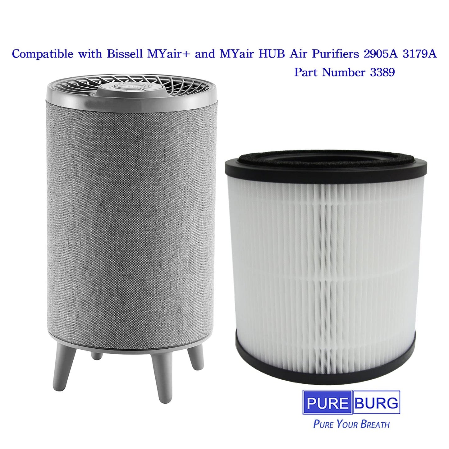 PUREBURG Replacement Filter Compatible with Bissell MYair + & MYair HUB Air Purifiers Model 2905A 3179A Parts 3389, H13 True HEPA and Activated Carbon Multi-Layer Filtration, Pack of 2