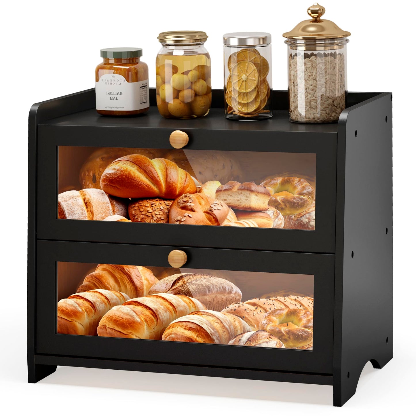 JANSNIMEN Double Layer Bread Box for Kitchen Countertop, Large Breadbox Bread Container Storage with Acrylic Door, Wooden Farmhouse Bread Holder (Black, Medim-15.7" L x 9.5" W x 13" H)