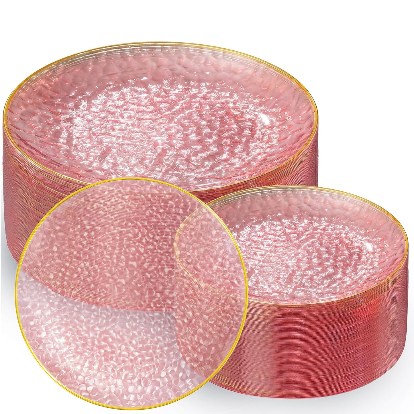 Rubtlamp 100Pcs Clear Pink Gold Plastic Plates, Pink Disposable Plates With Gold Rim, Hammered Plastic Plates Include 50 Clear Dessert Platos, 50 Dinner Platos for Party