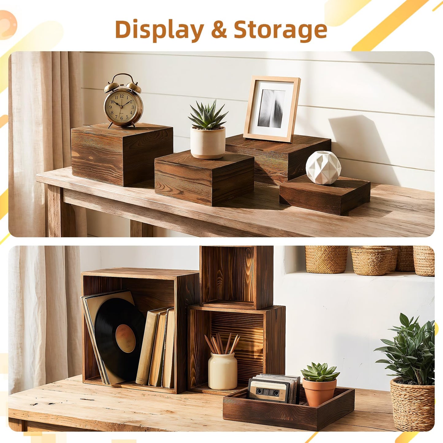 LEIFEOSH 9 Pack Wooden Risers Display Stands Square Food Risers for Buffet Party Rustic Wood Cake & Cupcake Stands Nesting Box Wooden Crates for Display (9, Brown)