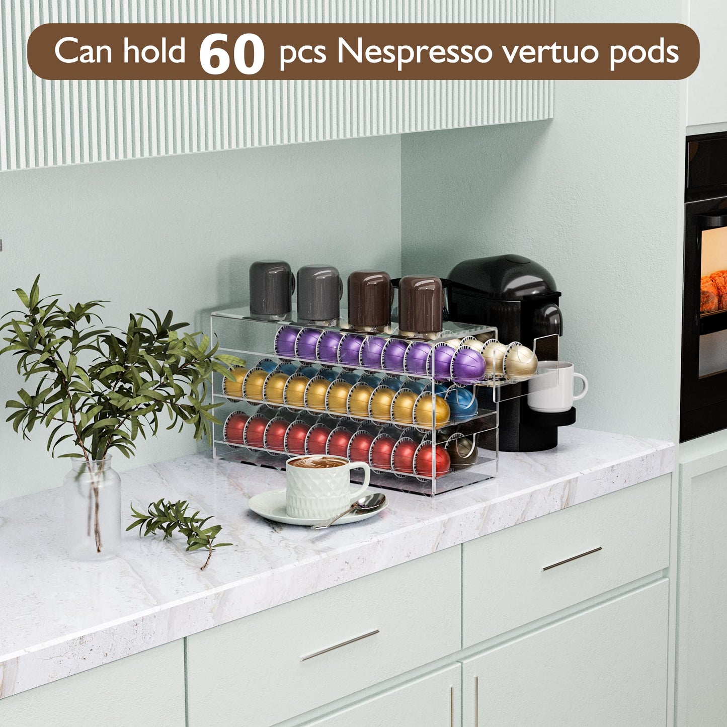 BXINREDA Acrylic Coffee Pod Organizer for Nespresso Vertuo Pod Holder 60 Pods Clear Vertuo Pod Storage Drawer (3 Tier)