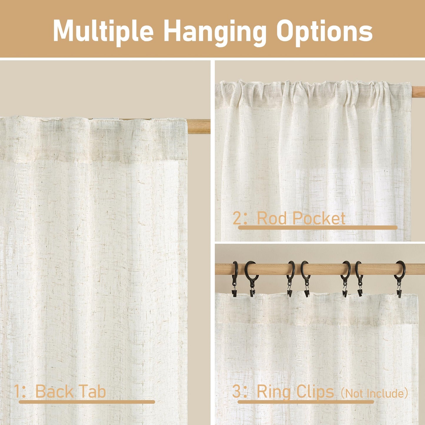 LAMIT Cream Linen Curtains 84 inch Length 2 Panels, Light Filtering Semi Sheer Panels Back Tab and Rod Pocket Neutral Boho Drapes for Living Room/Bedroom, 52 x 84 Inch