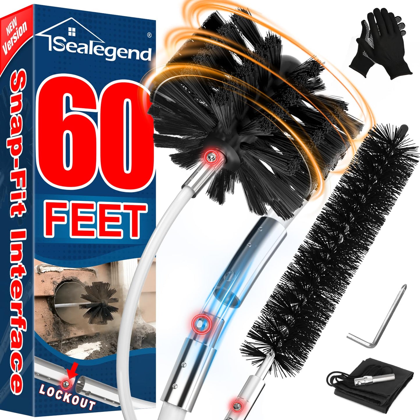 Sealegend 60 Feet Dryer Vent Cleaner Kit/Lint Remover/2×Upgraded Flexible Quick-Snap Brush/Fireplace Chimney Brushes for Easy to Use/Works Well with/Without a Power Drill