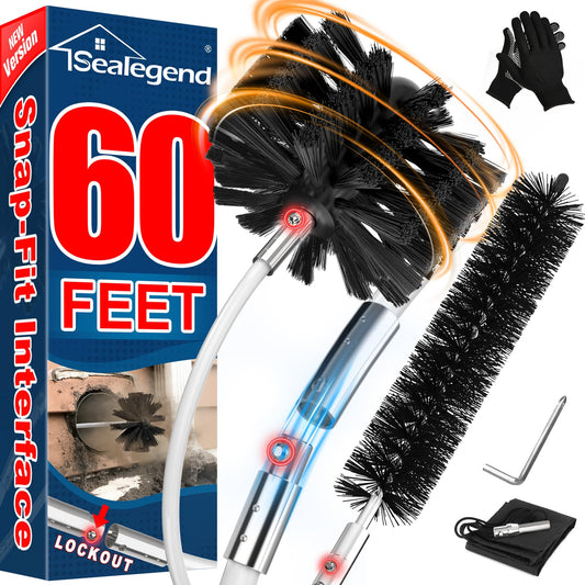 Sealegend 60 Feet Dryer Vent Cleaner Kit/Lint Remover/2×Upgraded Flexible Quick-Snap Brush/Fireplace Chimney Brushes for Easy to Use/Works Well with/Without a Power Drill