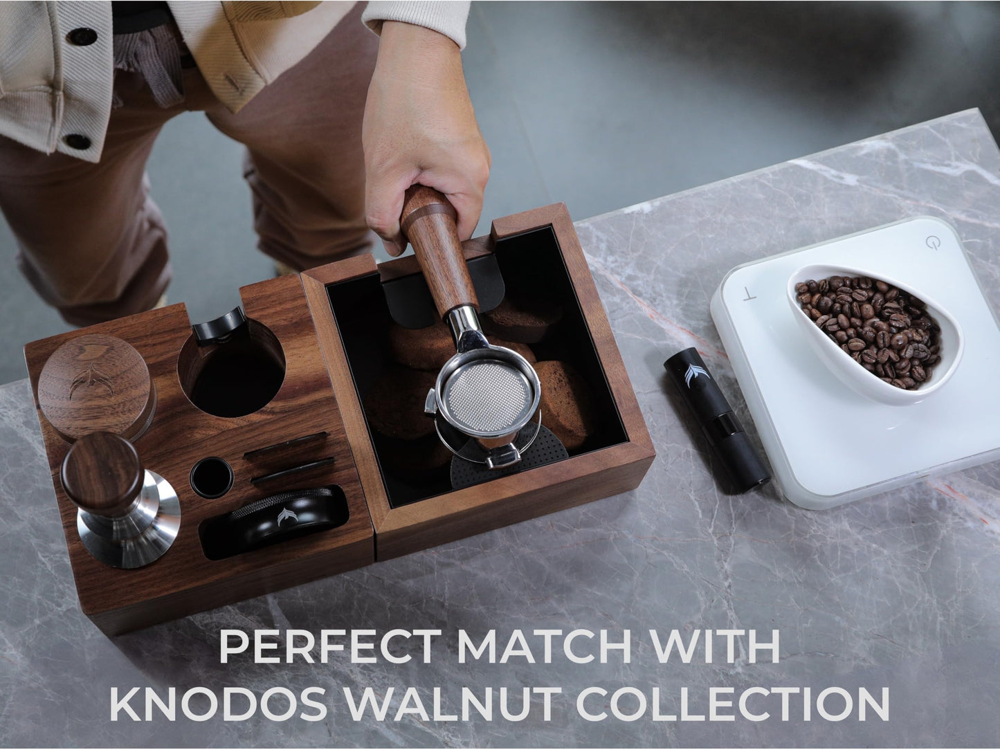 KNODOS 54mm Espresso Tamper For Breville Machines Calibrated Tamper Tool Espresso Walnut, Self Leveling and 30lb Spring Loaded Design Coffee Tamper With Stainless Steel 53.35mm Ripple Base
