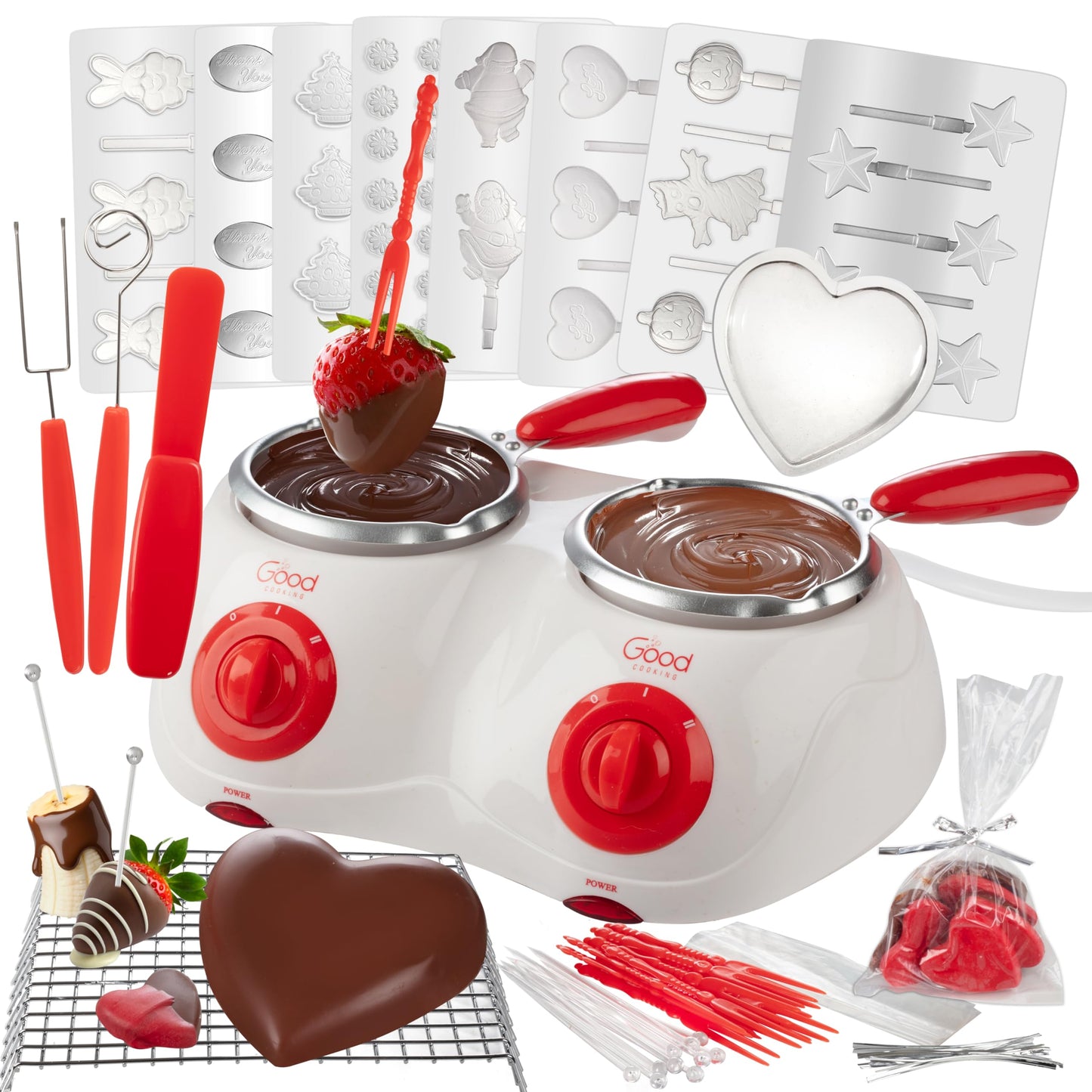 Dual Electric Chocolate Melting Pot Set - Father's Day Brunch Fondue & Candy Kit w/ 30 Bonus Accessories - Dip, Drizzle, Decorate Strawberries & Marshmallows - Appetizers & Desserts