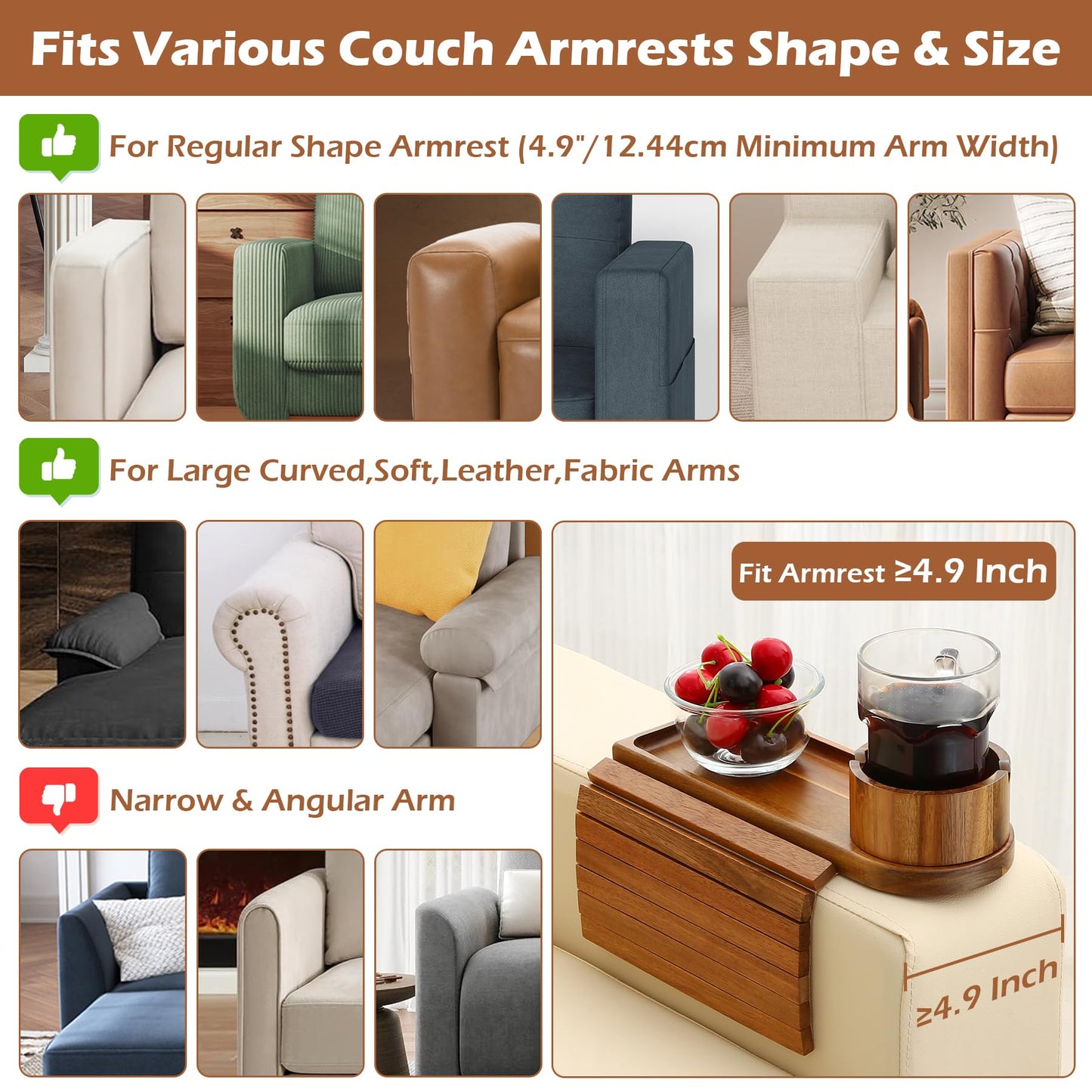 BAMTRAY Couch Cup Holder Tray, 15.75" Acacia Wood Couch Armrest Table, 3 in 1 Foldable Sofa Clip on Side Table with 360° Phone Stand, Armrest Tray for Coffee Snacks