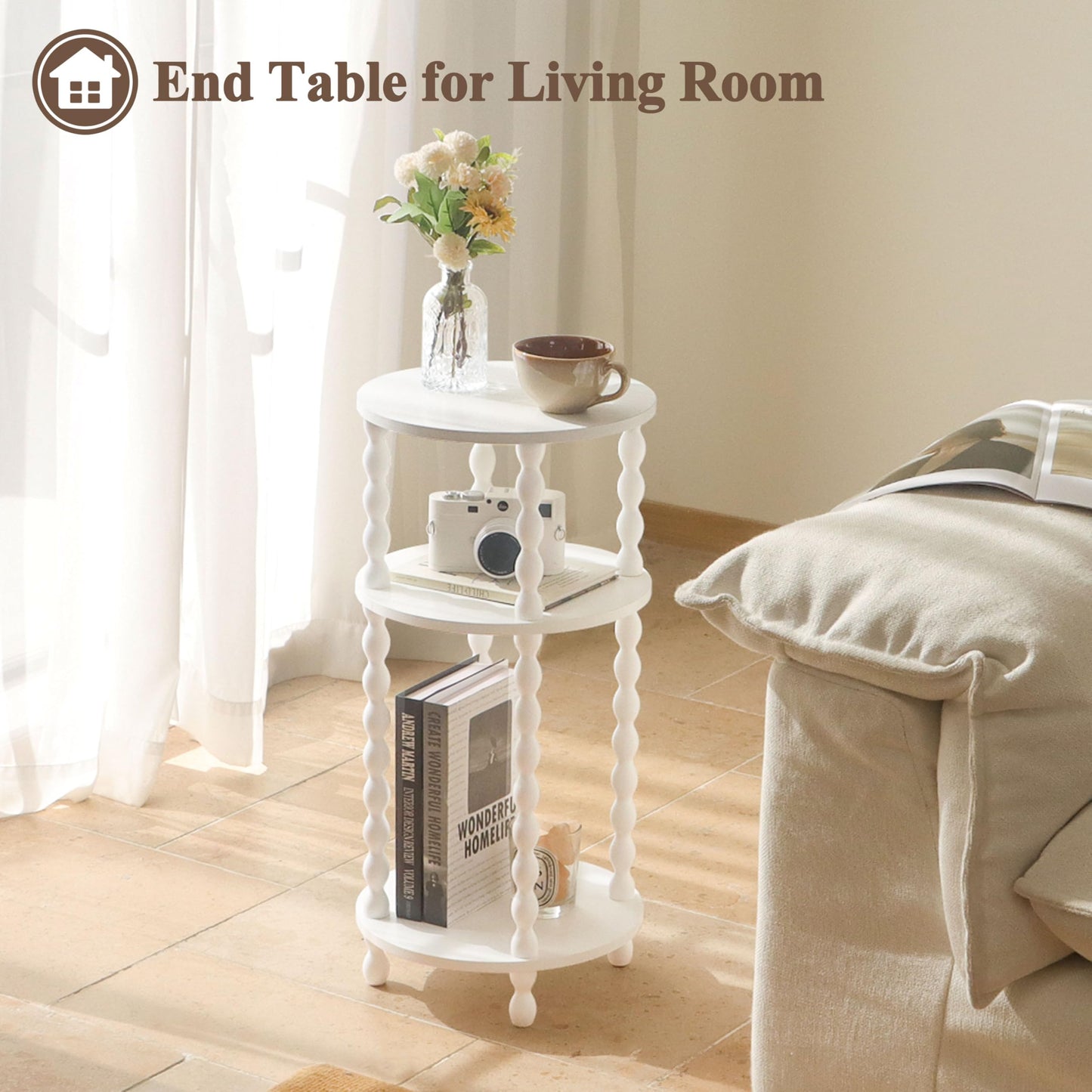 AWASEN Small Round Side Table, White End Table with 3-Tier Open Shelf for Small Spaces, Round Bedside Table Nightstand for Bedroom, Living Room, Office, White