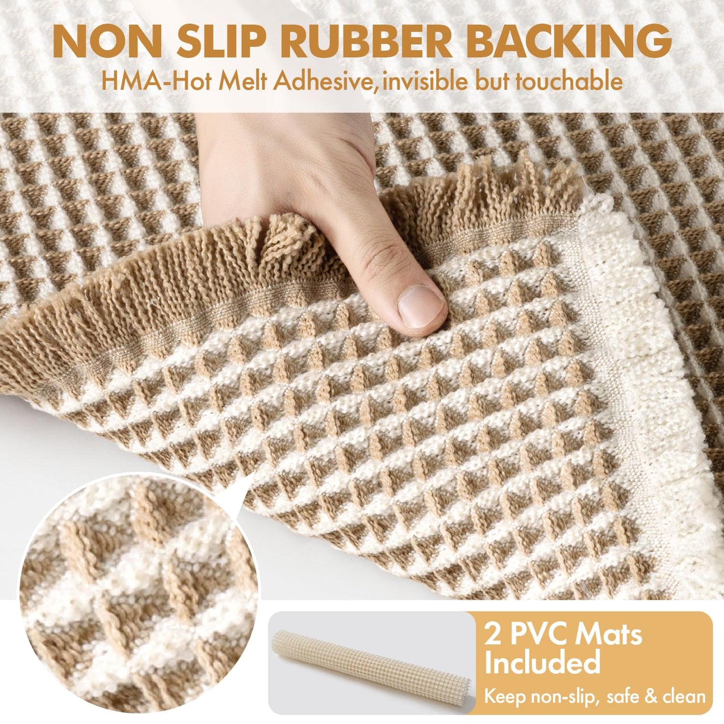 MIULEE Set of 2 Waffle Bathroom Rugs, Boho Bath Rugs Non Slip Washable, Super Absorbent Bath Mats, Ultra Soft Rubber Backed Shower Mats for Bathroom Floor, Tub, Brown & White, 18x30 Inch