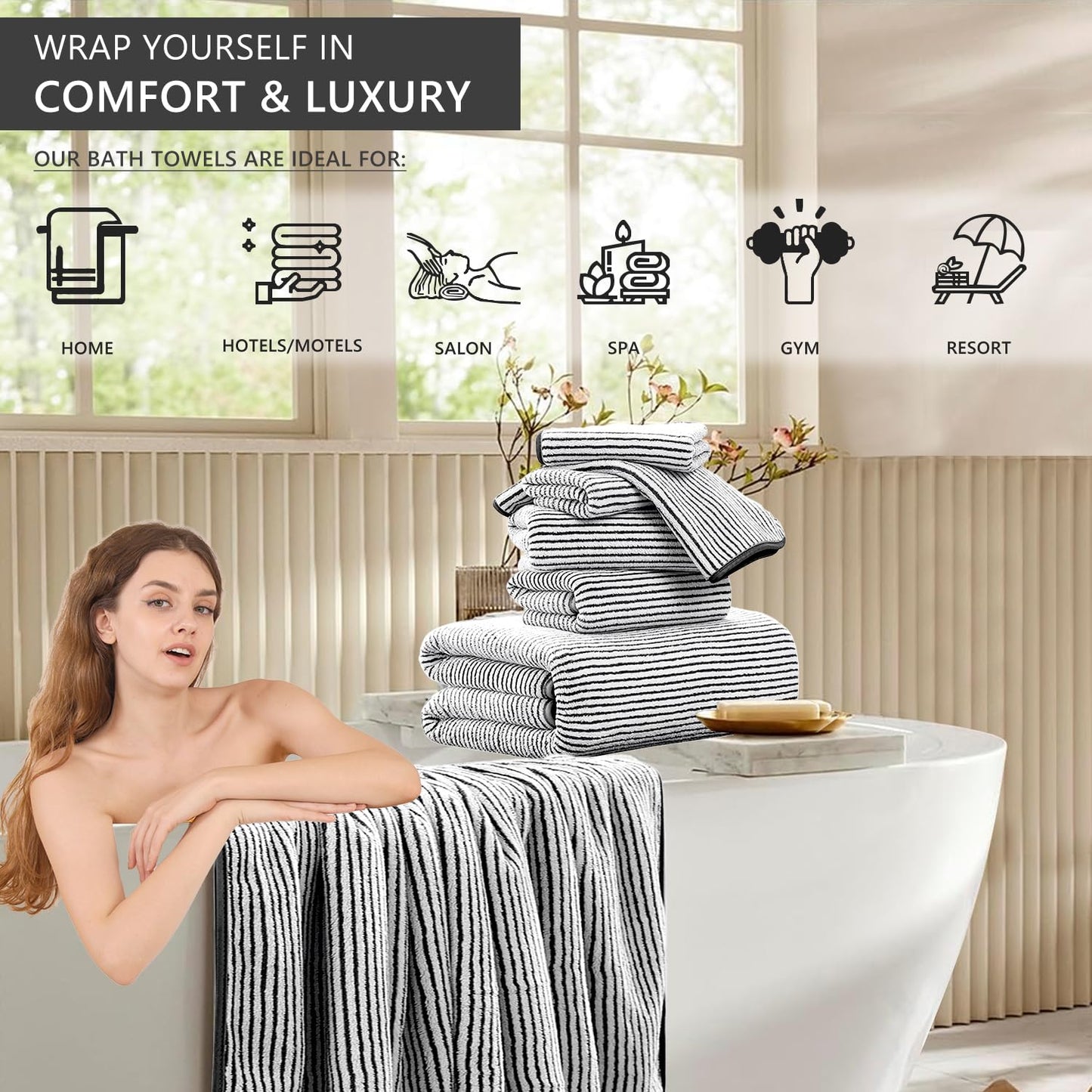 4 Piece Bath Towel Set 35"x70"Oversized Bath Towel for Bathroom Ultra Soft Fluffy Extra Large Bath Sheet Luxury Premium Bathroom Towel Highly Absorbent Quick Dry Shower Towel for Hotel Spa,Black White