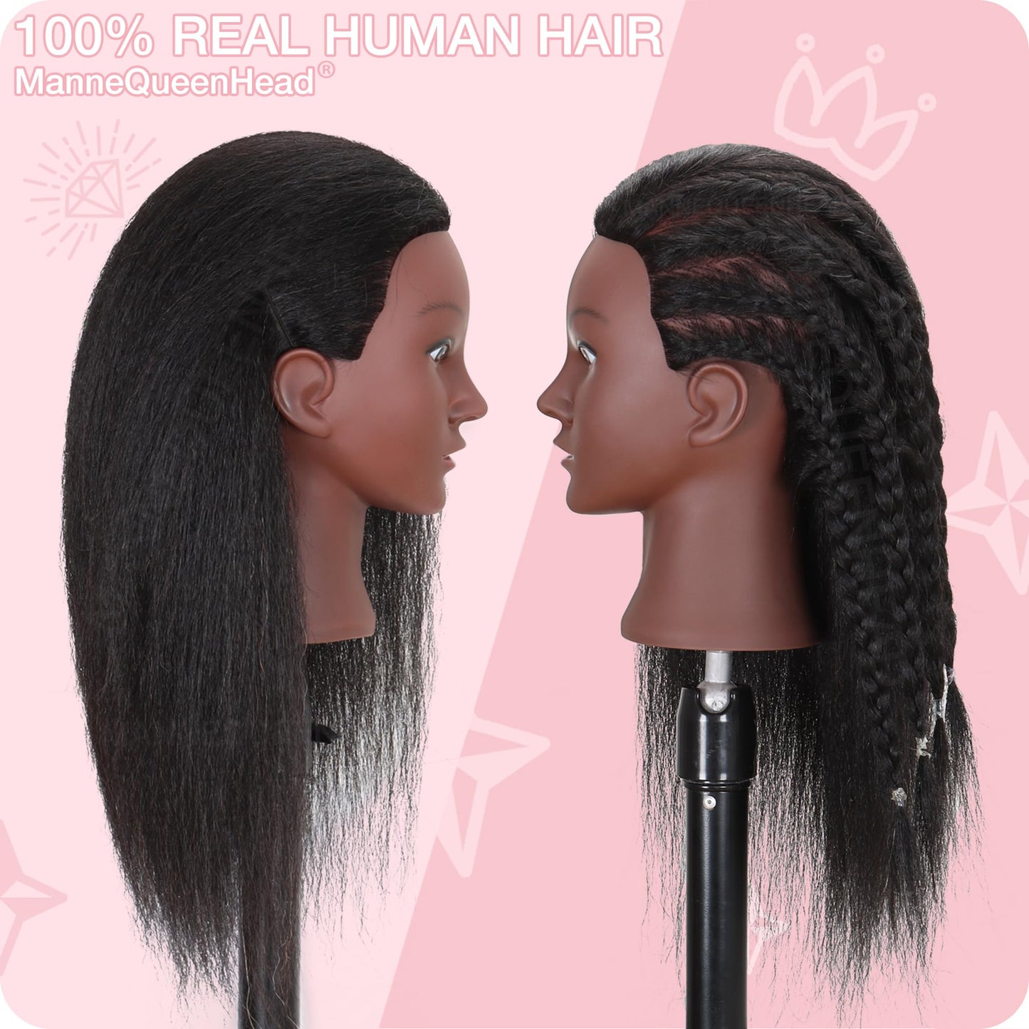 Mannequin Head with Human Hair 16'' Cosmetology Manikin Doll Head with 100% Real Human Hair for Braiding Hairdresser Practice Styling with Tripod Set