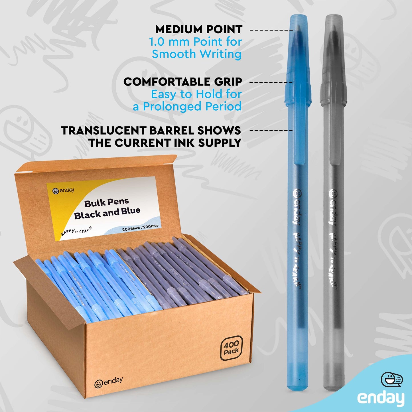 Enday Ballpoint Pens Bulk Blue and Black Pens (400 Pack) 200 Black & 200 Blue - Medium Point (1.0mm) Flexible Round Barrel For Writing Comfort, Pens Bulk for School, Home and Office.