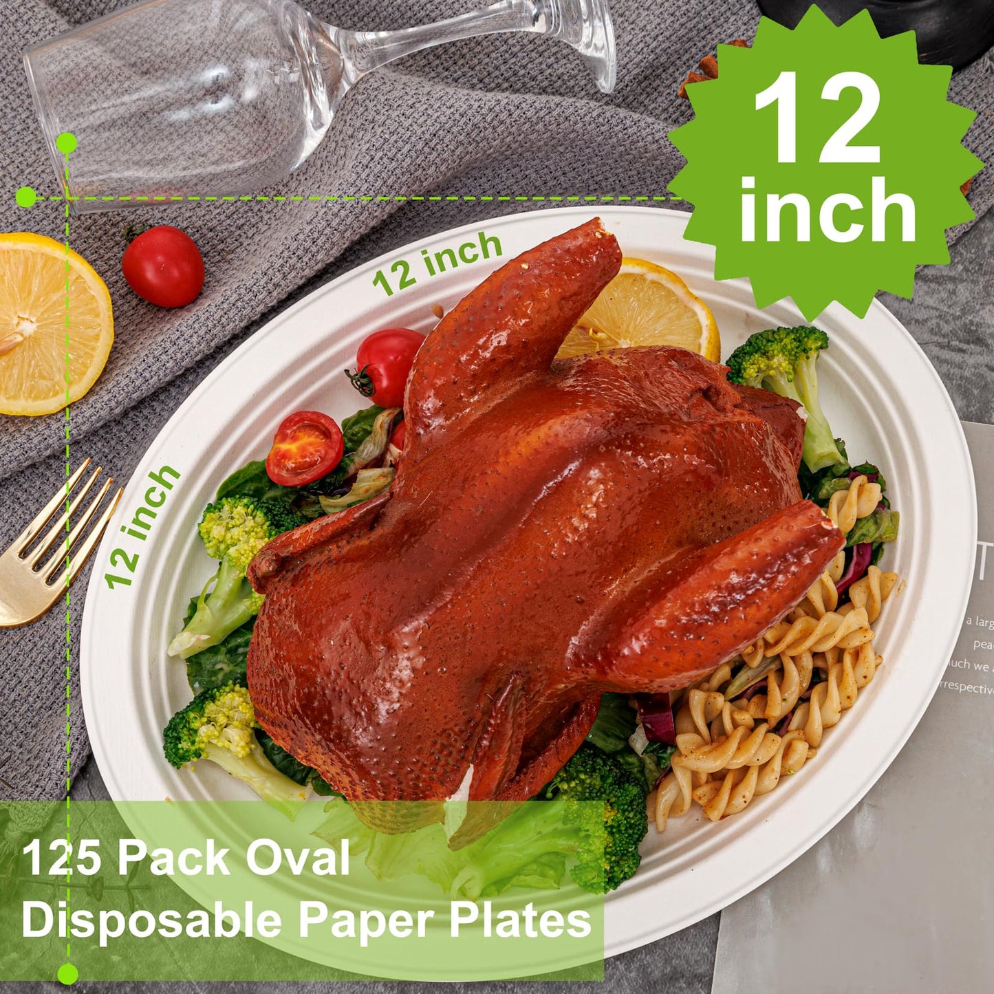100% Compostable Oval Paper Plates 12 Inch, 125-Pack Large Heavy Duty Paper Plates Bulk,Biodegradable Bagasse,Eco-Friendly Disposable Dinner Plate for BBQ,Picnic,Party (BPI Certified,Microwaveable)
