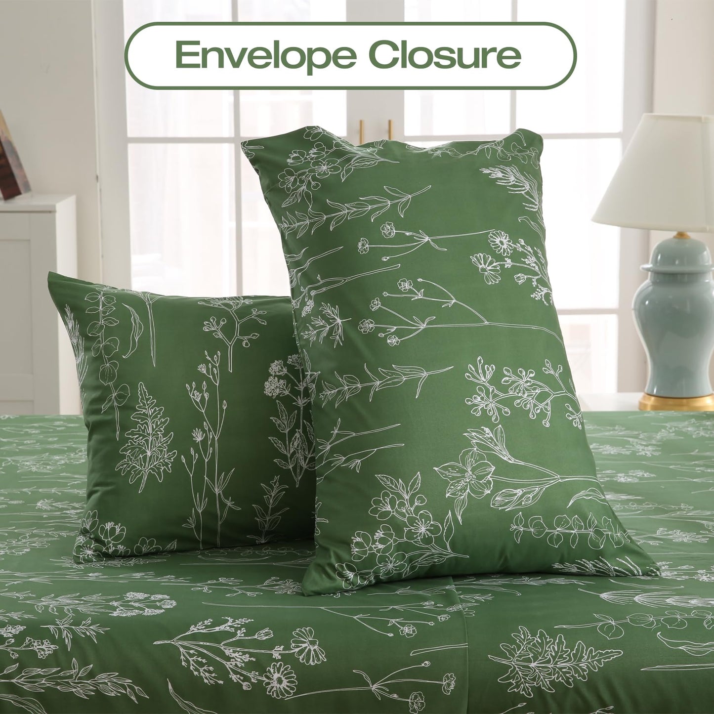 Yibeizi Green Floral Sheet Set Queen, Botanical Rustic Pattern Bed Sheets Boho Bedding Sheets & Pillowcases Soft Microfiber 15" Extra Deep Pocket Fitted Bedsheet 4 Piece
