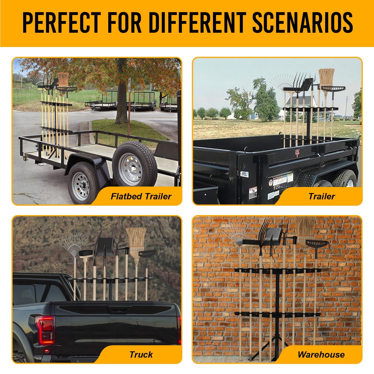 Fumingpal Utility Trailer Tool Rack, Shovel Rack for Truck, Rake Shovel Holder Landscape Hand Tool Accessories for Trailer Truck with 8 Rubber Holes with Brackets, Standard Black