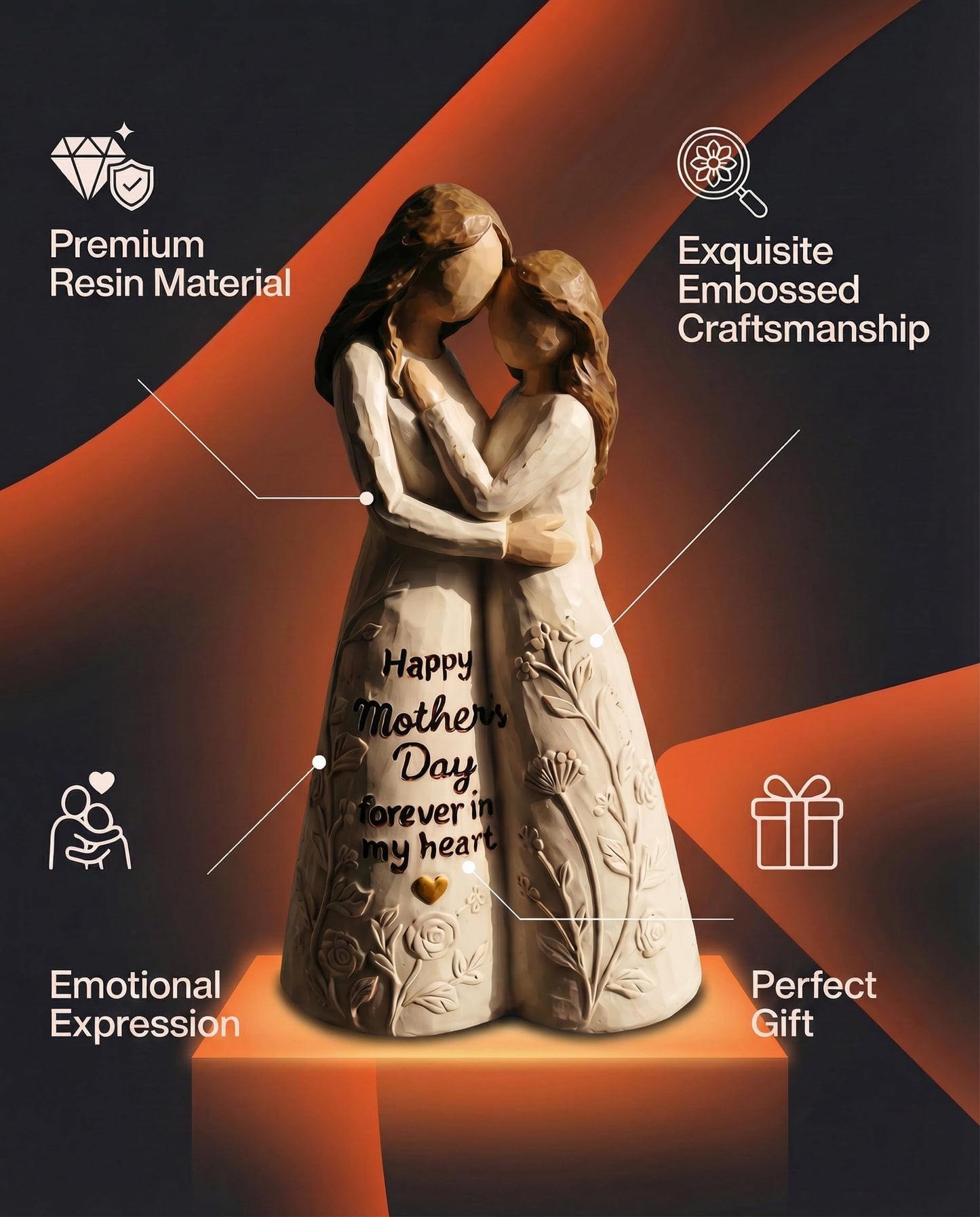 iStatue Best Gift for Mom from Daughter, Hand-Painted Mother and Daughter Figurine - Happy Mother’s Day Forever in My Heart Resin Statue Heartwarming Birthday Gift, Home Decor (Beige)