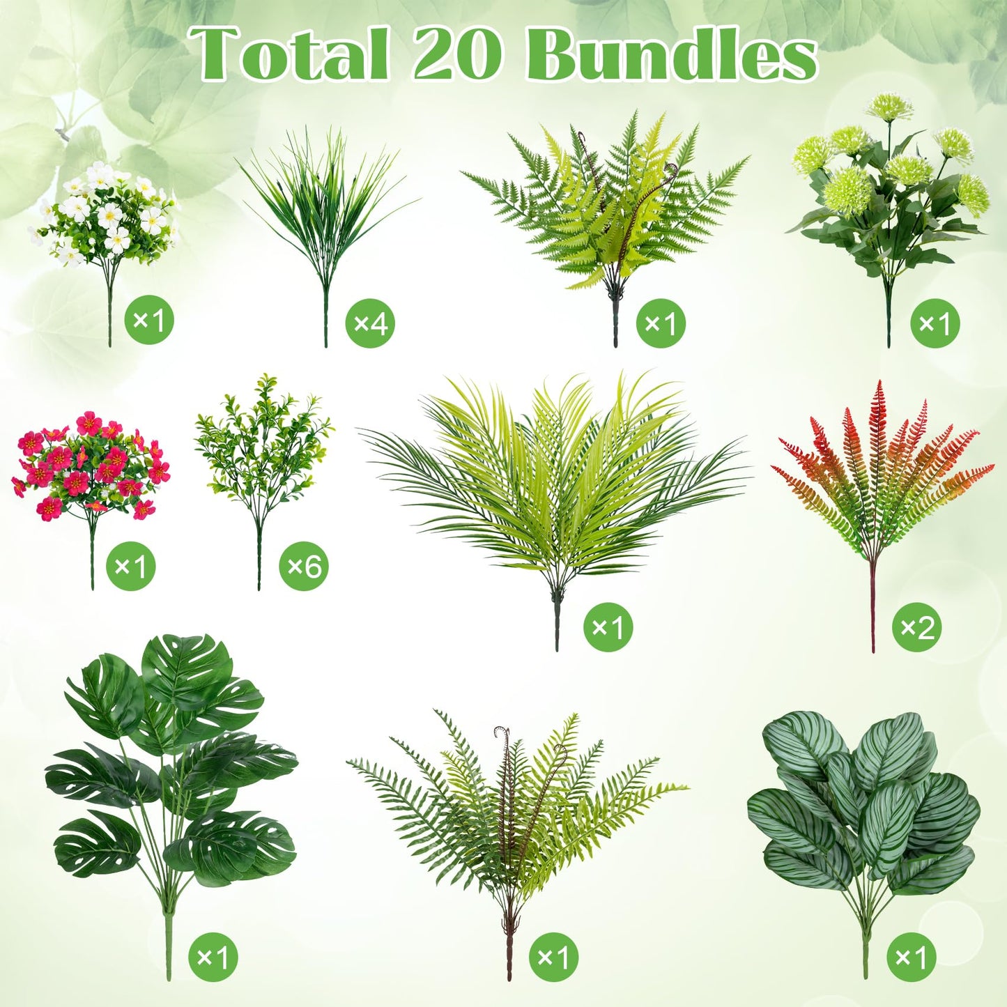 Besteek 20 Pcs Artificial Plants Outdoor Fake UV Resistant Artificial Flowers Greenery Stems Boston Fern Faux Shrubs Plastic Plants for Garden Porch Planter Window Box Home Decor