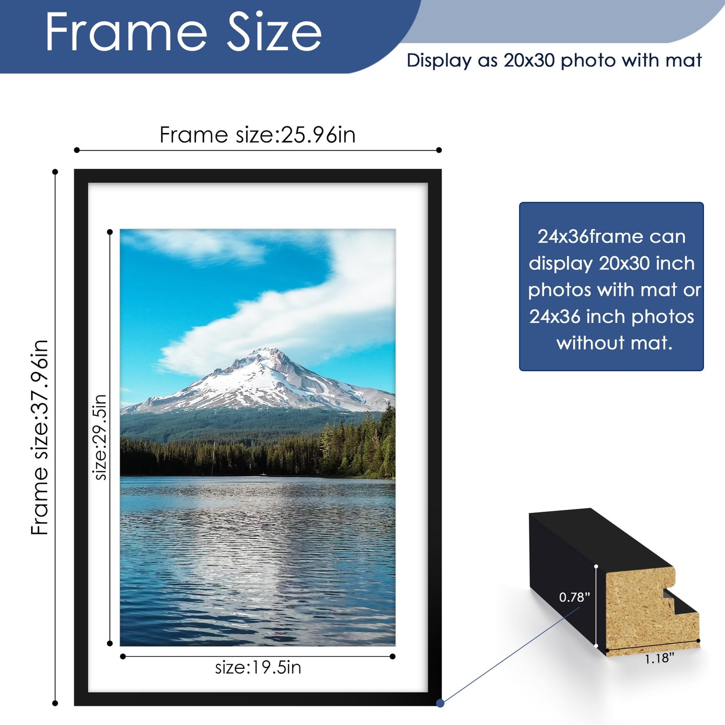 PEALSN 24x36 Poster Frame, Display Pictures 20 x 30 with Mat or 24 x 36 Without Mat, Poster Frames 24 x 36 inches for Wall Mounting Display, Black.