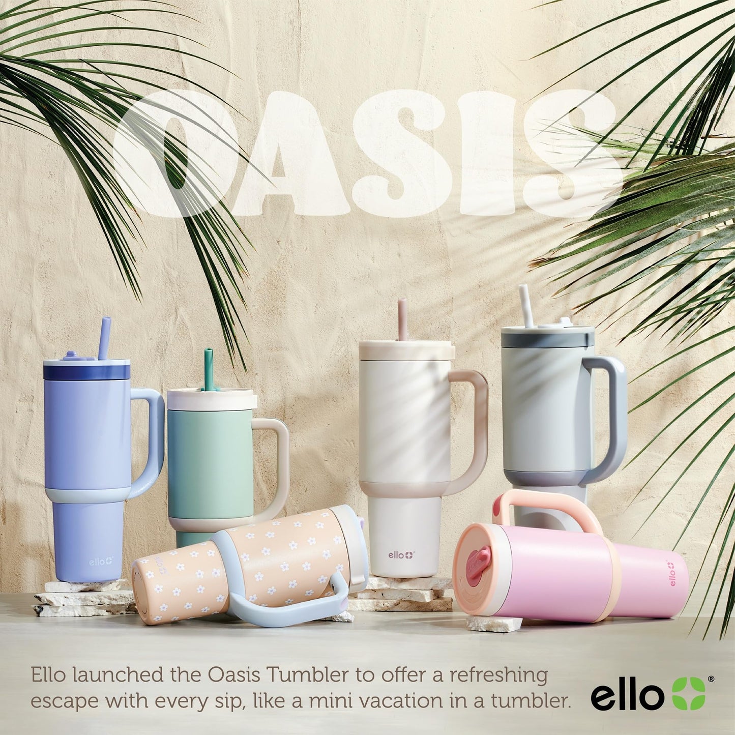 Ello Oasis 40 oz Tumbler with Handle & Retracting Straw | Reusable Insulated Stainless Steel Cup 100% Leakproof | Gifts for Teens Women | Keeps Cold for 24 Hours | Cup Holder Friendly | Main Squeeze