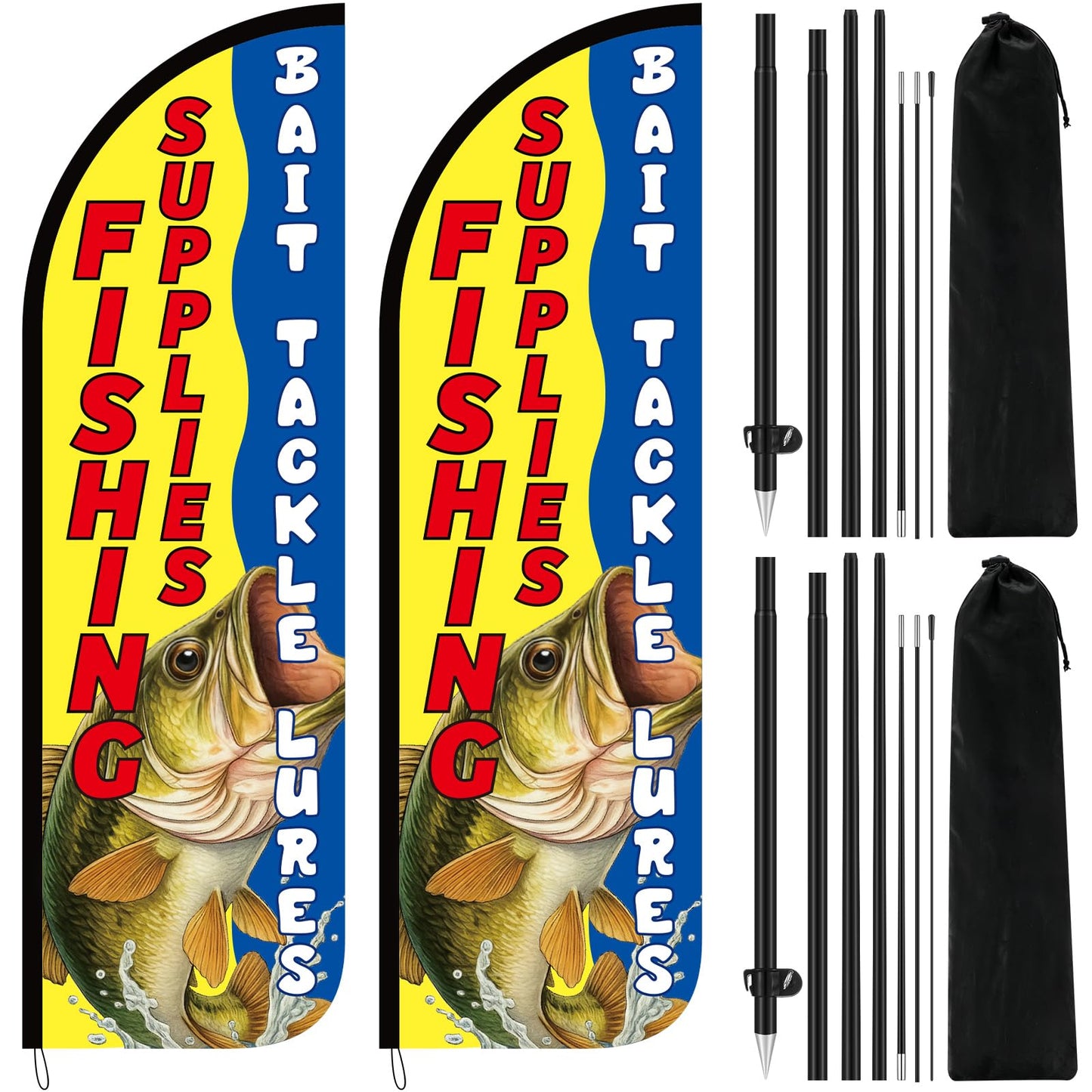 Boao 2 Pcs 8.2 ft Fishing Supplies Bait Tackle Lures Licenses Windless Feather Banner Flag Kit Fishing Supplies Sign Banner with Pole Kit and Ground Stake Swooper Flag with Aluminum Alloy Flagpole