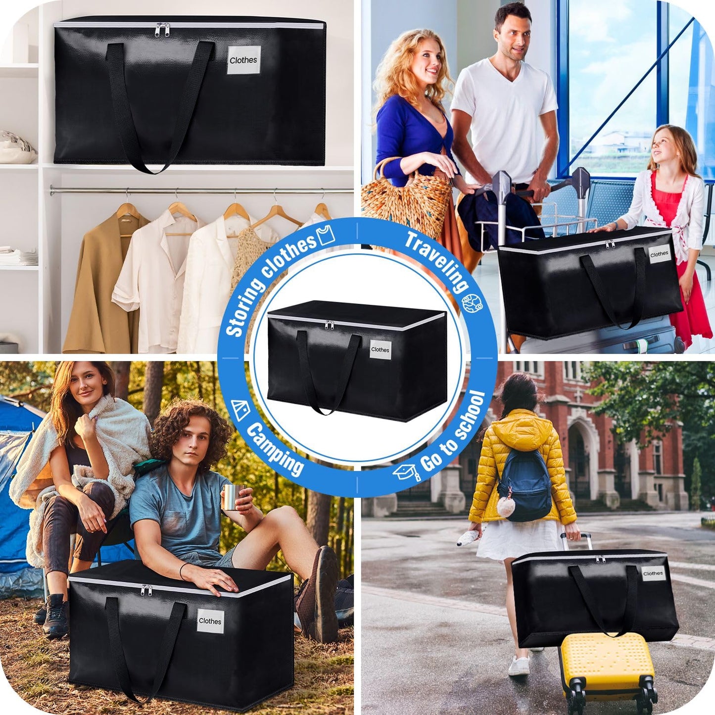 BlissTotes Moving Bags, Heavy Duty Moving Boxes with Zippers Top and Sturdy Handles, Storage Bags for Space Saving and Packing, Collapsible Moving Supplies, Storage Totes (93L, 8-Pack, Black)
