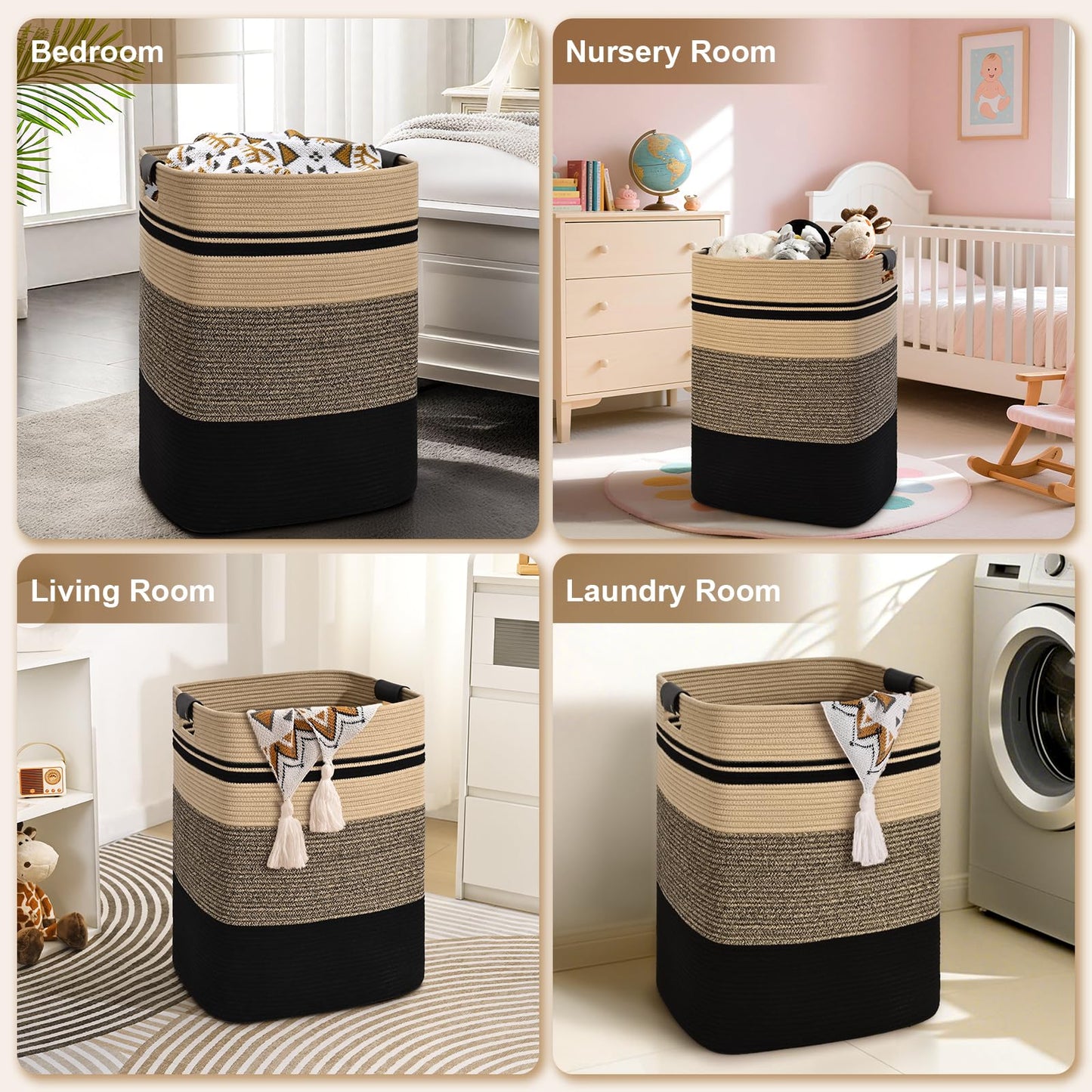 Degeyoyo Laundry Hamper, 95L Tall Laundry Basket with Leather Handles, Rectangle Large Clothes Hamper for Organizing, Cotton Woven Laundry Baskets Storage Hampers for Bedroom, Nursery, Living Room
