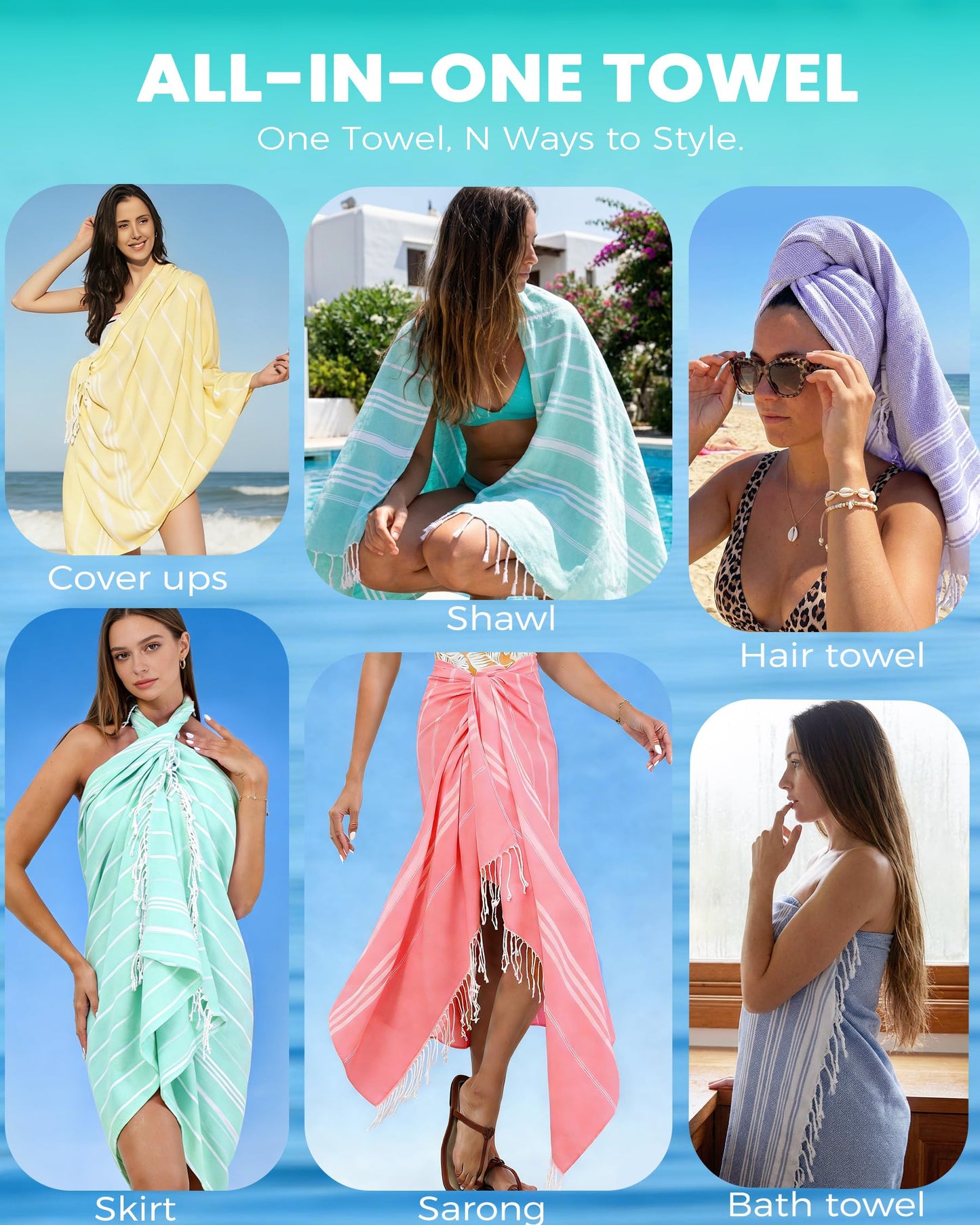 6 Packs Turkish Beach Towels Vacation Essentials Quick Dry Sand Free Soft Large Xl Big Blanket Adult Oversized Bath Pool Swim Towel Set Bulk Multipack Lightweight Thin Sandless Fast Drying Compact