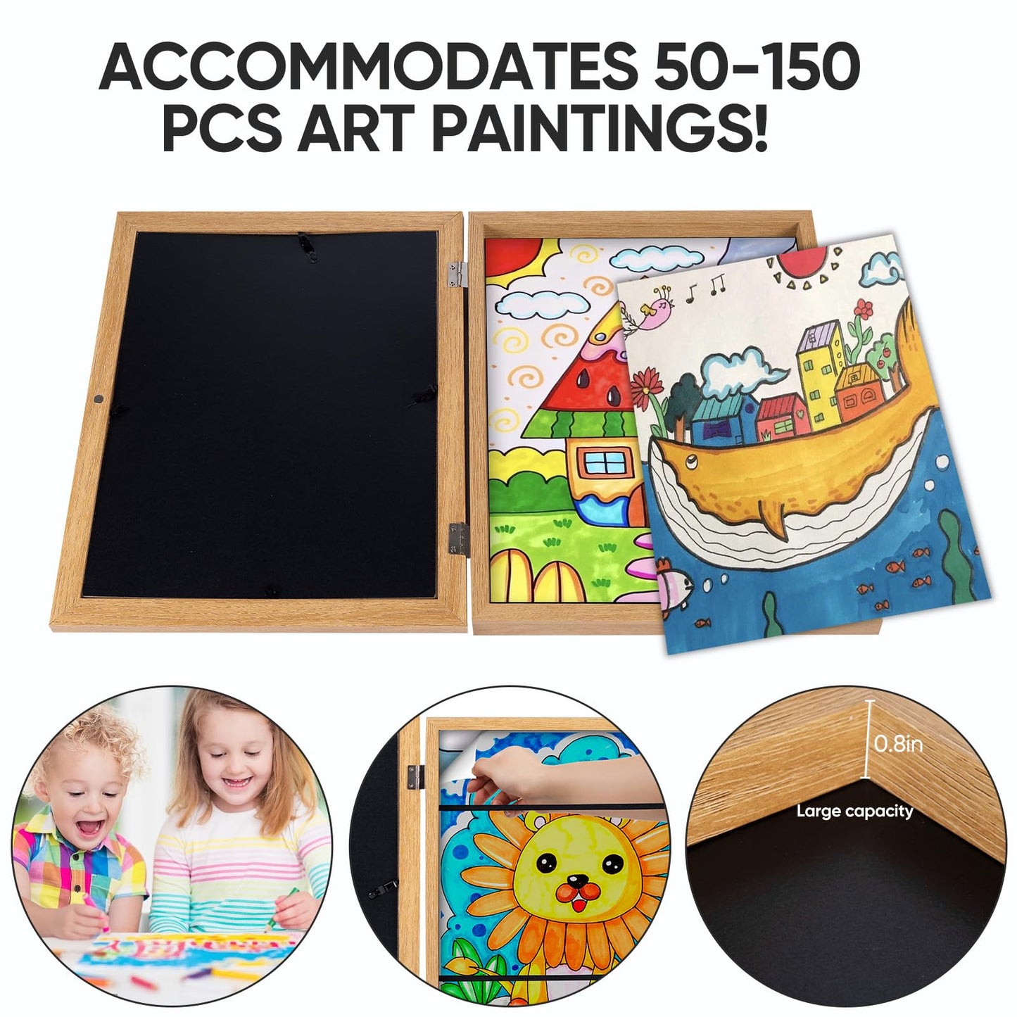 sixzerone [3-Pack Kids Artwork Frames Changeable - Front Opening Holds 150,Children Art Projects Kids Art Frames,10x12.5 Child Picture Frame for Display,With Storage(Wood)