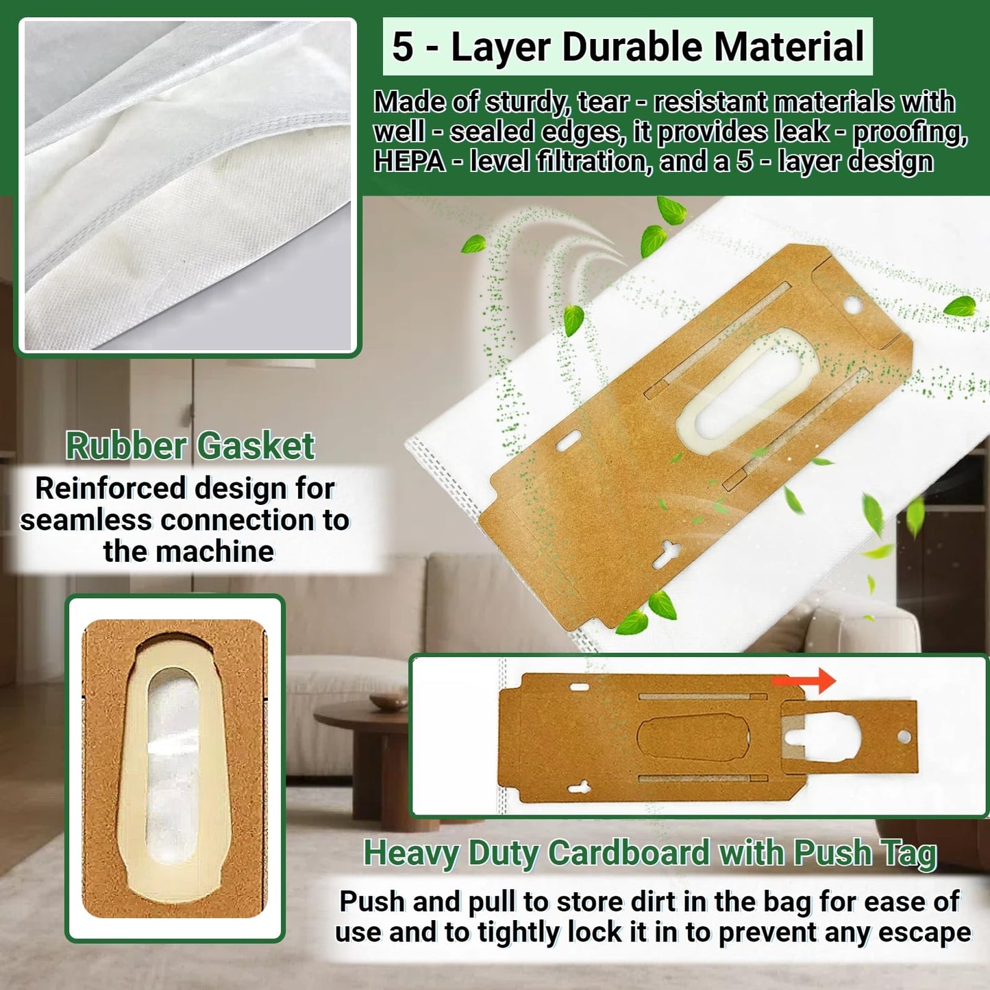 8 Pack HEPA Vacuum Bags Replacement for Hoover ONEPWR Cordless Upright Vacuum Cleaner BH55500PC, BH55500 & Commercial CH95519 - Replaces Part AH15600, 5-Layer Filtration & Leak-Proof Design