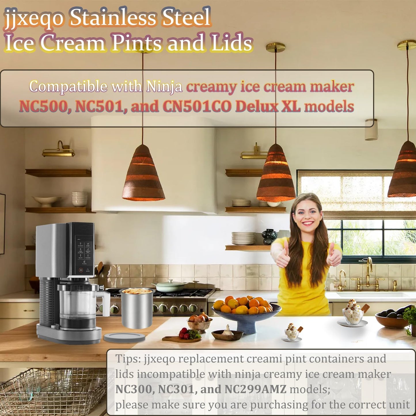 jjxeqo Stainless Steel Fit for ninja Creami Deluxe Containers– 4 Pack, Compatible with Ninja Creami CN501CO,NC501, NC500 Delux XL Series, Silicone Lids, BPA-Free, Dishwasher Safe, 5 Years Warranty