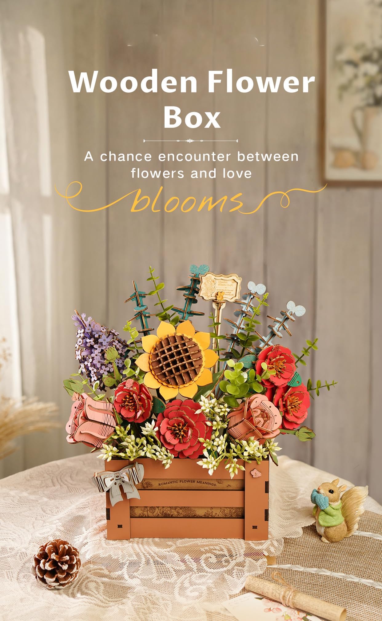 rowood 3D Puzzles for Adults,Mother's Day Wooden Flower Bouquet Building Set,DIY Artifical Flowers Botanical Collection,Adult Craft Kit as Christmas Birthday Valentine Gift-Wooden Bloom Box