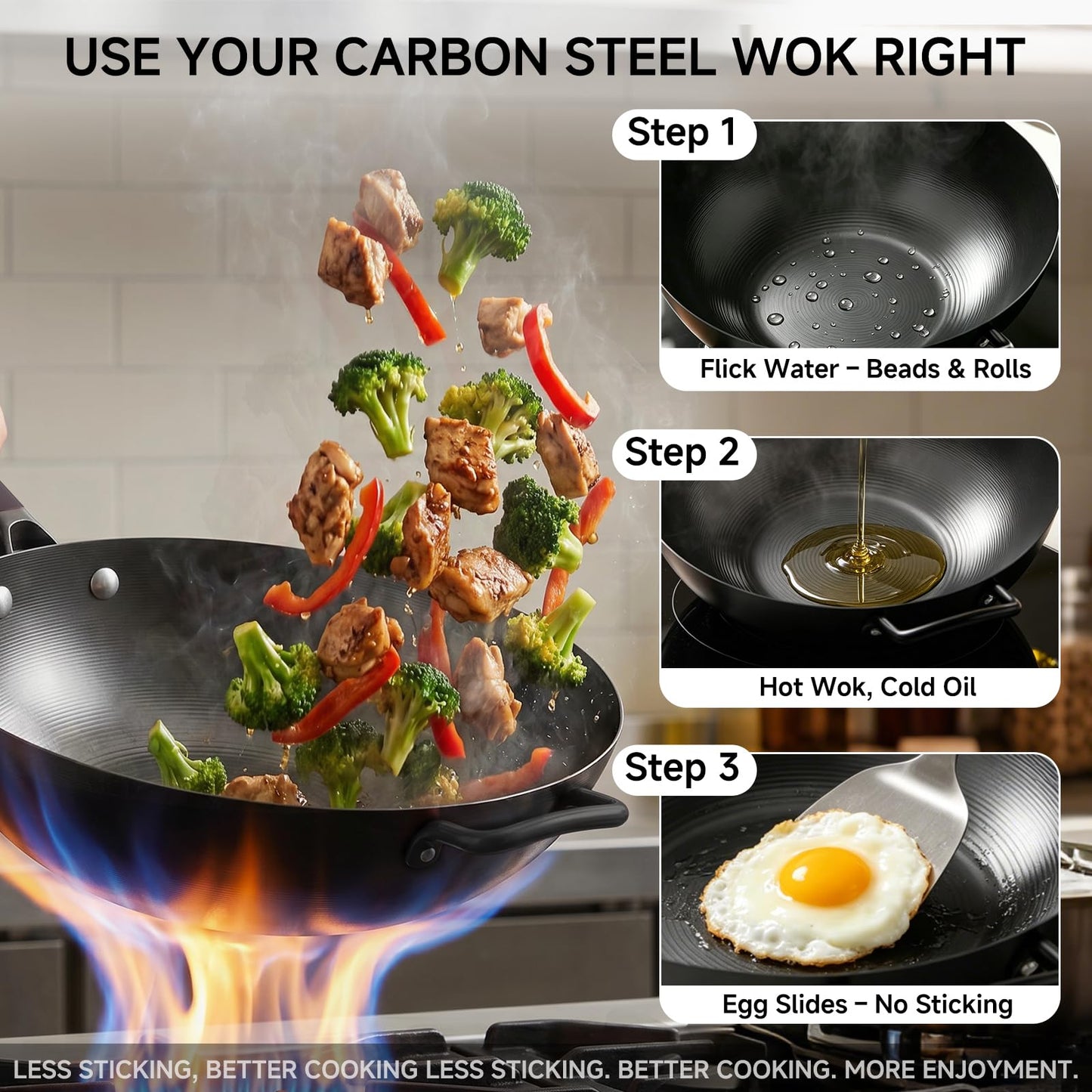 SUMEIGUAN 13.5" Carbon Steel Wok Pan - Pre-Seasoned Flat Bottom Woks & Stir-fry Pans Chinese Cookware with Lid & Spatula - For Pan-fry,Stir Fry, Steam, BBQ & Camping - Compatible with Induction, Gas