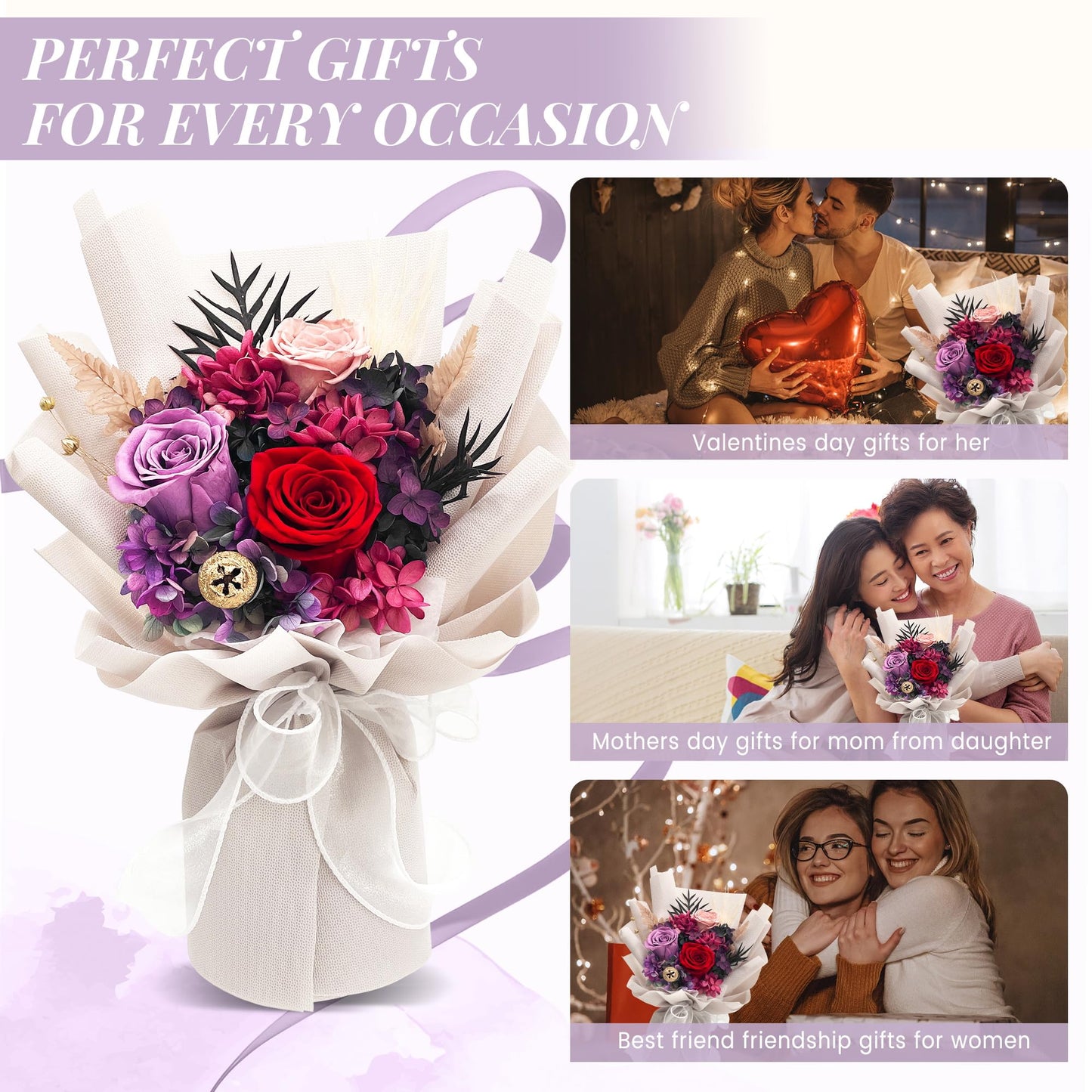 QOEAZY Flowers for Delivery, Preserved Flowers Bouquet with Gift Box, Rose Gifts for Women Mom Grandma