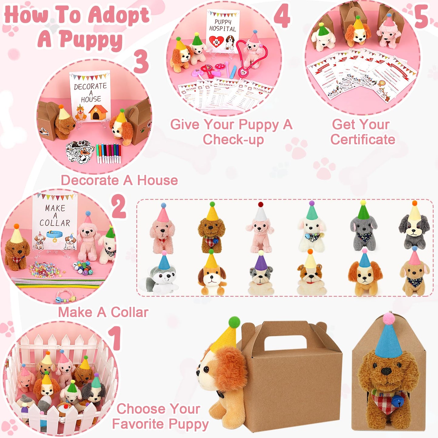 Adopt a Dog Party Favors Set - 12 PCS Plush Stuffed Puppies with Party hats include Paper House, fence, Adoption Cards, DIY Collars, House Decor and Check-up Accessories for Puppy Party Birthday