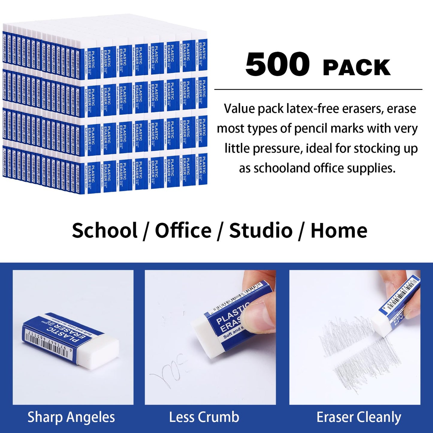 Yeaqee 500 Pcs White Pencil Erasers Bulk Soft Art Erasers School Pencil Erasers for Drawing Kids Student Artist Office Home Writing 1.57 x 0.71 x 0.31 Inch