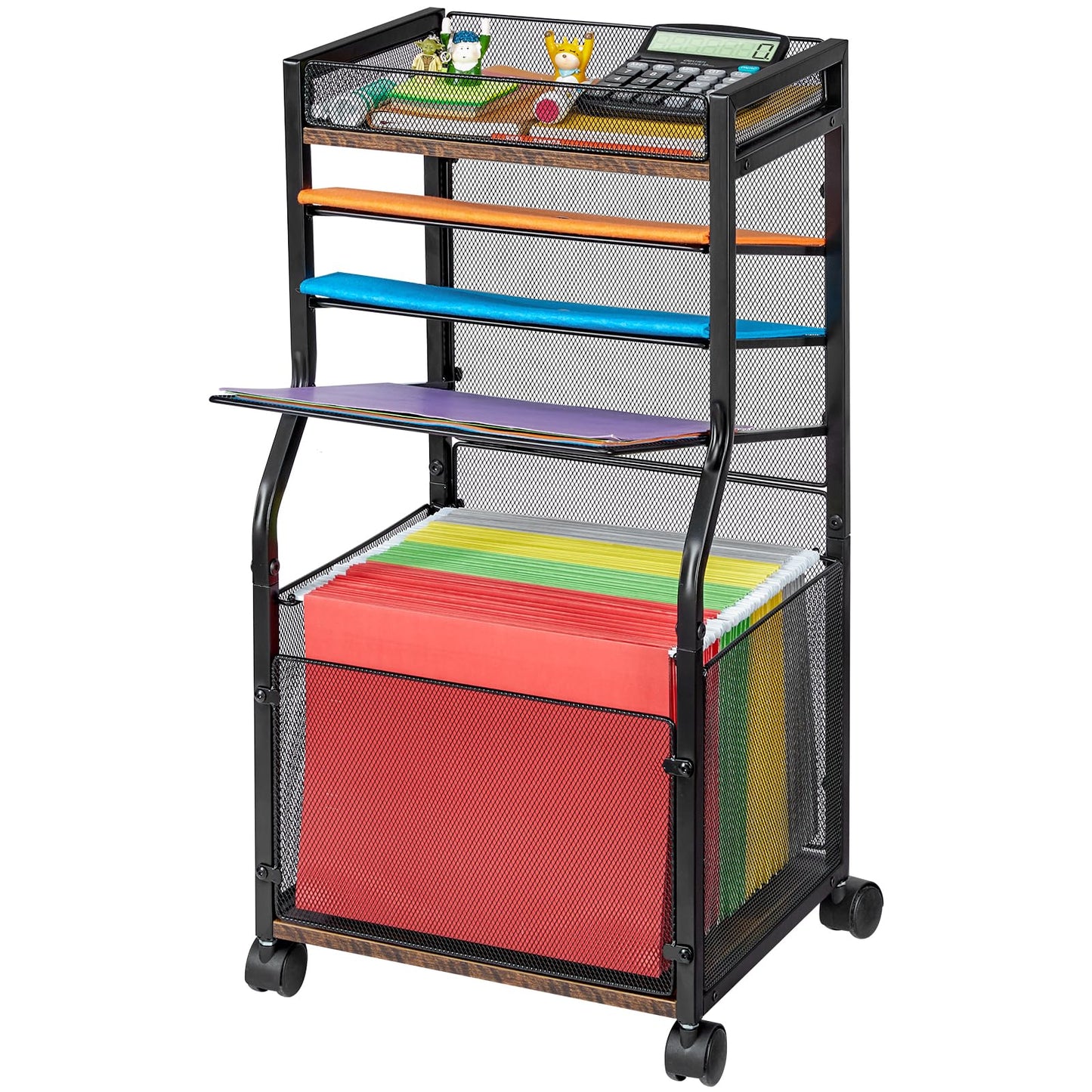 5-Tier Rolling File Cart with Lockable Wheels, Mobile File Cabinet for Hanging File Folders Sliding Trays, Under Desk Storage, Paper Organizer Utility Cart Filing Cabinet for Office, Home, School