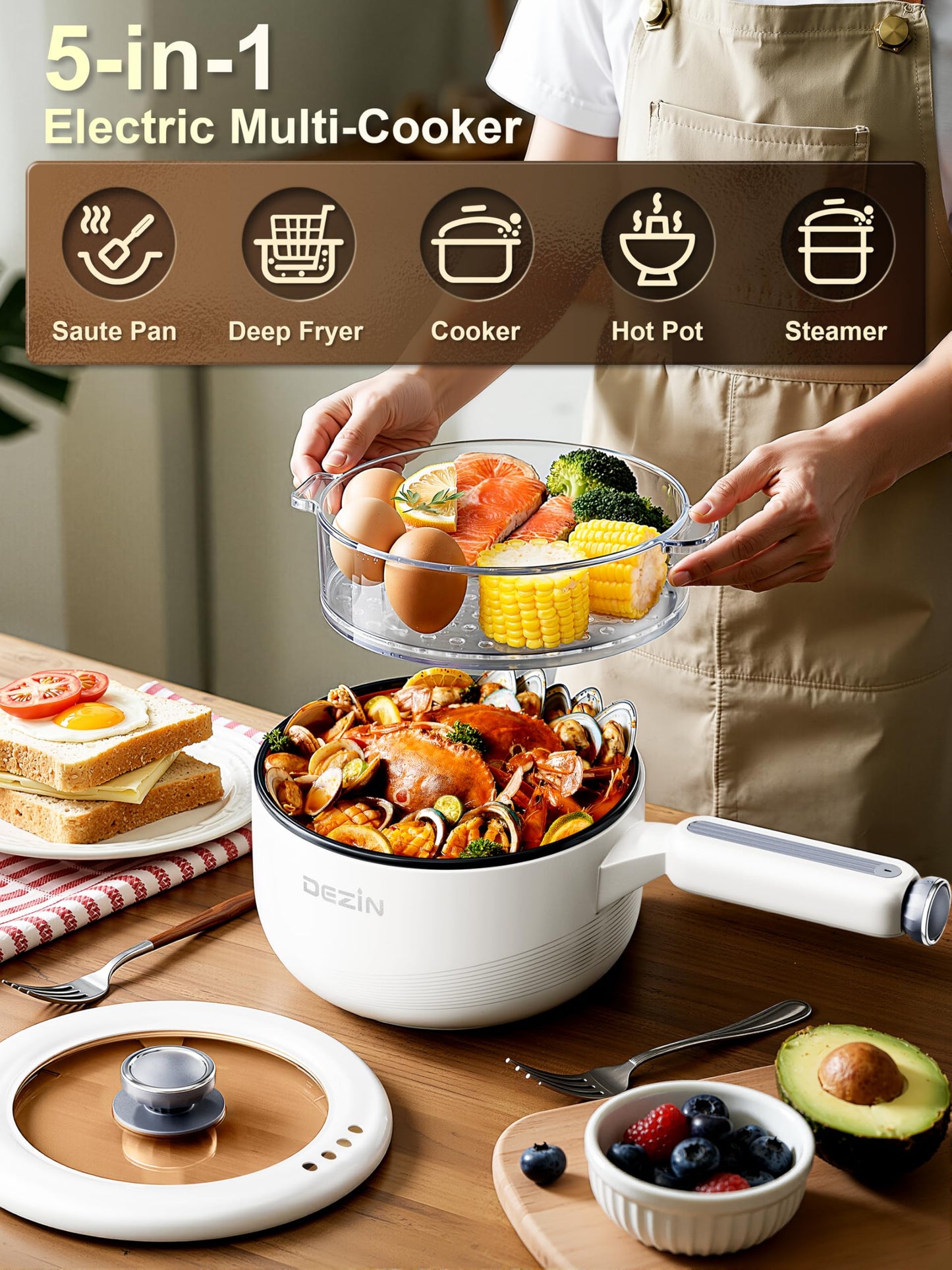 Dezin Electric pot with Steamer, 2L Non-Stick Sauté Pan, 5-in-1 Multifunctional Hot Pot Electric for Steak, Fried Rice, Oatmeal, Soup, Dual Power Control, Portable Pot for Dorm, Office & Small Kitchen