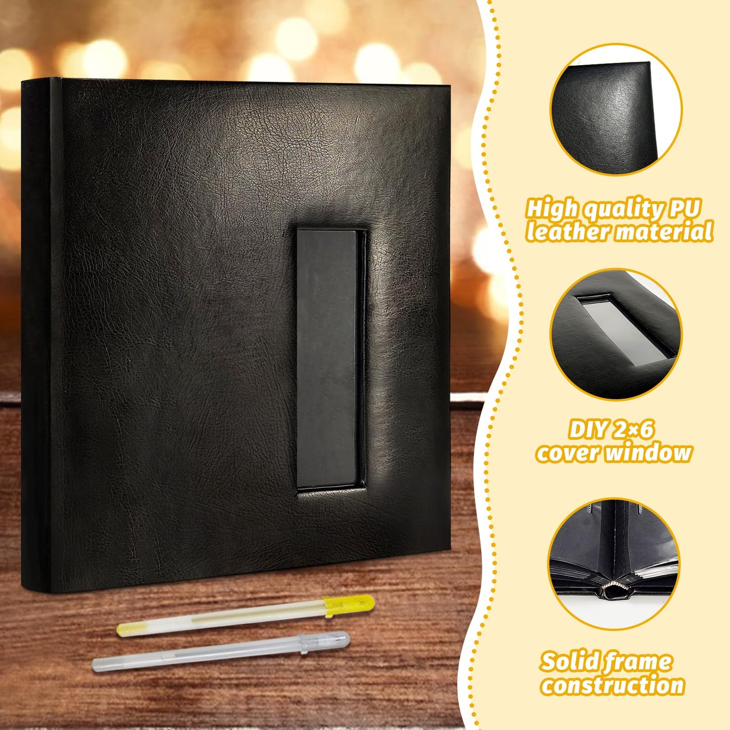 Kuword Wedding Guest Book with Photo Booth Insert - 160 2x6 Photo Sleeves & Guest Signing Space, PU Leather Memory Album for Weddings, Parties, Family Memories (Black)