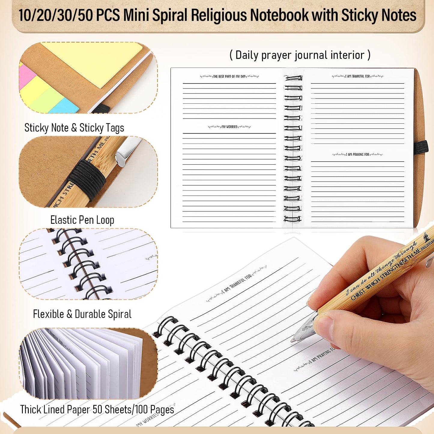 Spakon 30 Set Christian Gifts Bulk Church Gifts Religious Notebook Spiral Bible Verse Bamboo Pens Mini Bible Study Journal for Sunday School Employee Coworker Men Women (Brown)