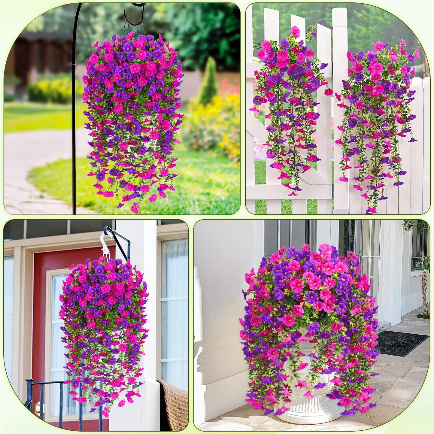 Dolicer 4 Packs Look Real Artificial Flowers for Outdoors, Fake Artificial Hanging Flowers for Outdoors Realistic UV Resistant Hanging Flowers Silk Petunia Faux Flowers for Porch Patio(Purple+Fuchsia)
