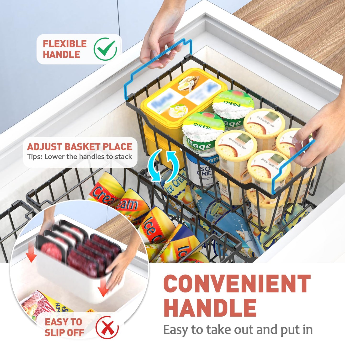 Goovilla Freezer Organizer Bins with Foldable Handle, 8 Pack Stackable Freezer Baskets for 3.5-7 Cu.FT Deep Chest Freezer Organization, Coated Metal Freezer Storage Bins with Better Space Utilization