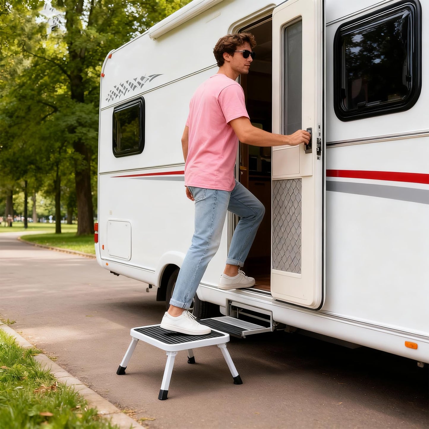 OLIXIS Foldable Step Stool 2 PCS with Non-Slip Platform & Rubber Feet, 1-Step Ladder with Carrying Handle, 330lbs Capacity Sturdy Metal Foldable Stool for RV, Truck, Home Kitchen, Indoor & Outdoor Use