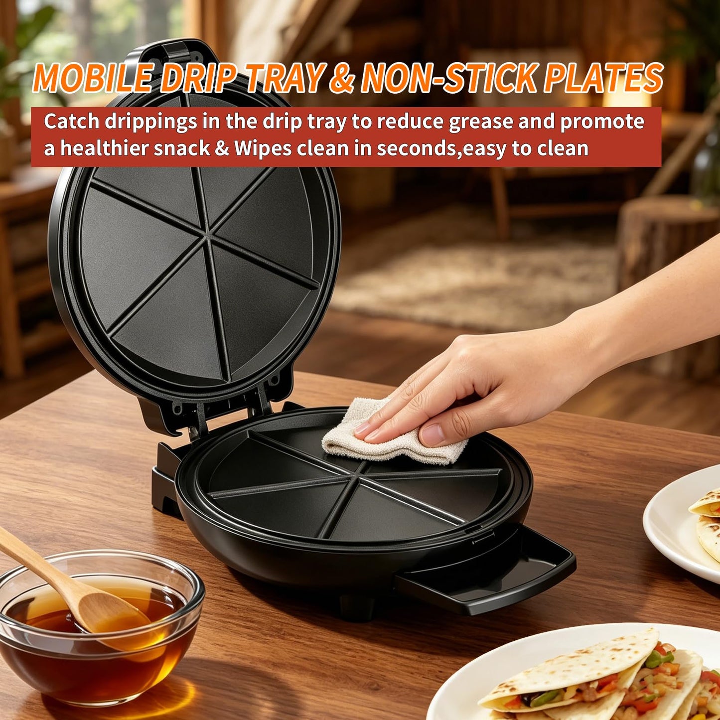 Electric Quesadilla Maker, 9.5'' Quesadilla Press with Extra Stuffing Latch, Easy Slice 6 Wedge, Grilled Cheese Corn Flour Tortilla Snacks, Nonstick Plates, Easy to Clean, Non-Slip Feet, Black