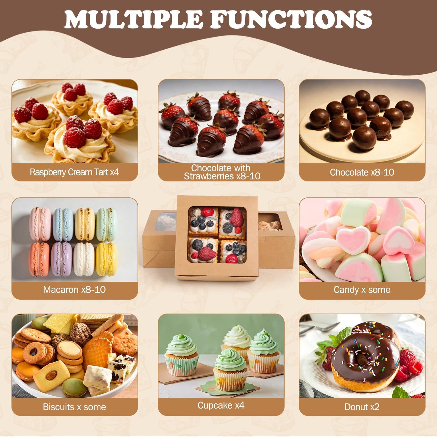 TOMNK 50 PCS Cupcake Boxes with Window, 6.3x6.3x3 Inch Cookie Boxes, Brown Bakery Containers for Pastry, Dessert, Chocolate Strawberries, Treat Boxes with Stickers and Jute Twine