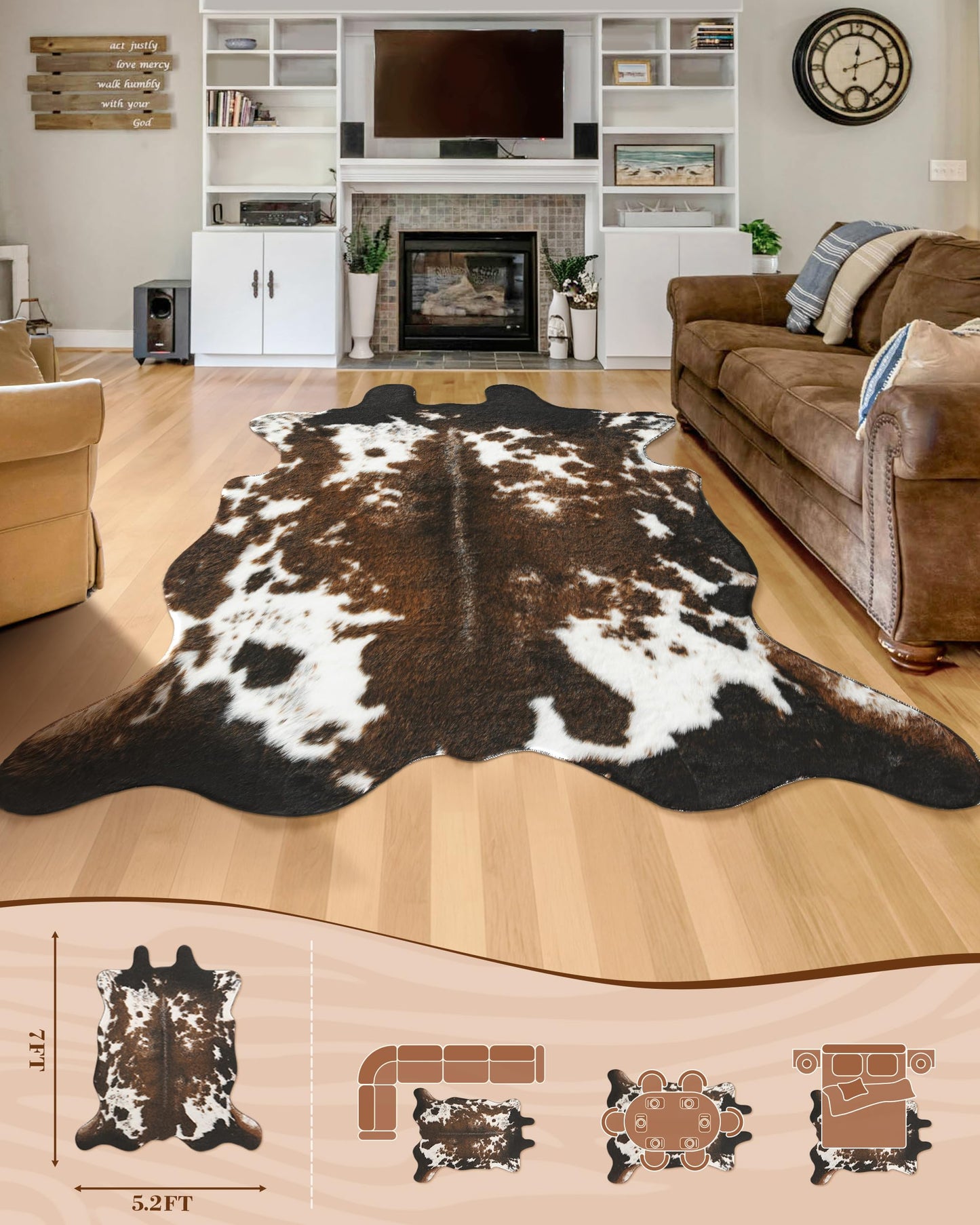 WMT NVMTER Faux Cowhide Rug, Fluffy Fur 4.6x5.2 Feet Washable Cow Print Rug for Living Room Bedroom Animal Print Hide Skin Rustic Western Décor Black and Brown