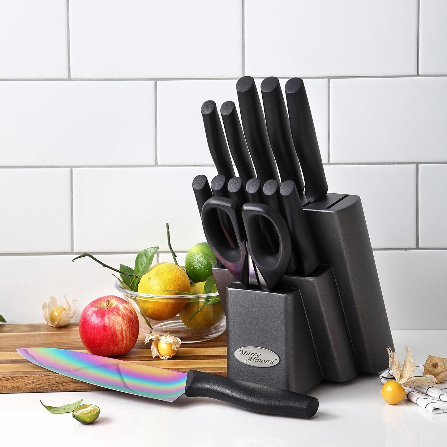 Marco Almond Knife Set with Block, 14 Piece Rainbow Titanium Knife Block Set, KYA25 Cooking Steak Knives set with Black Handle.
