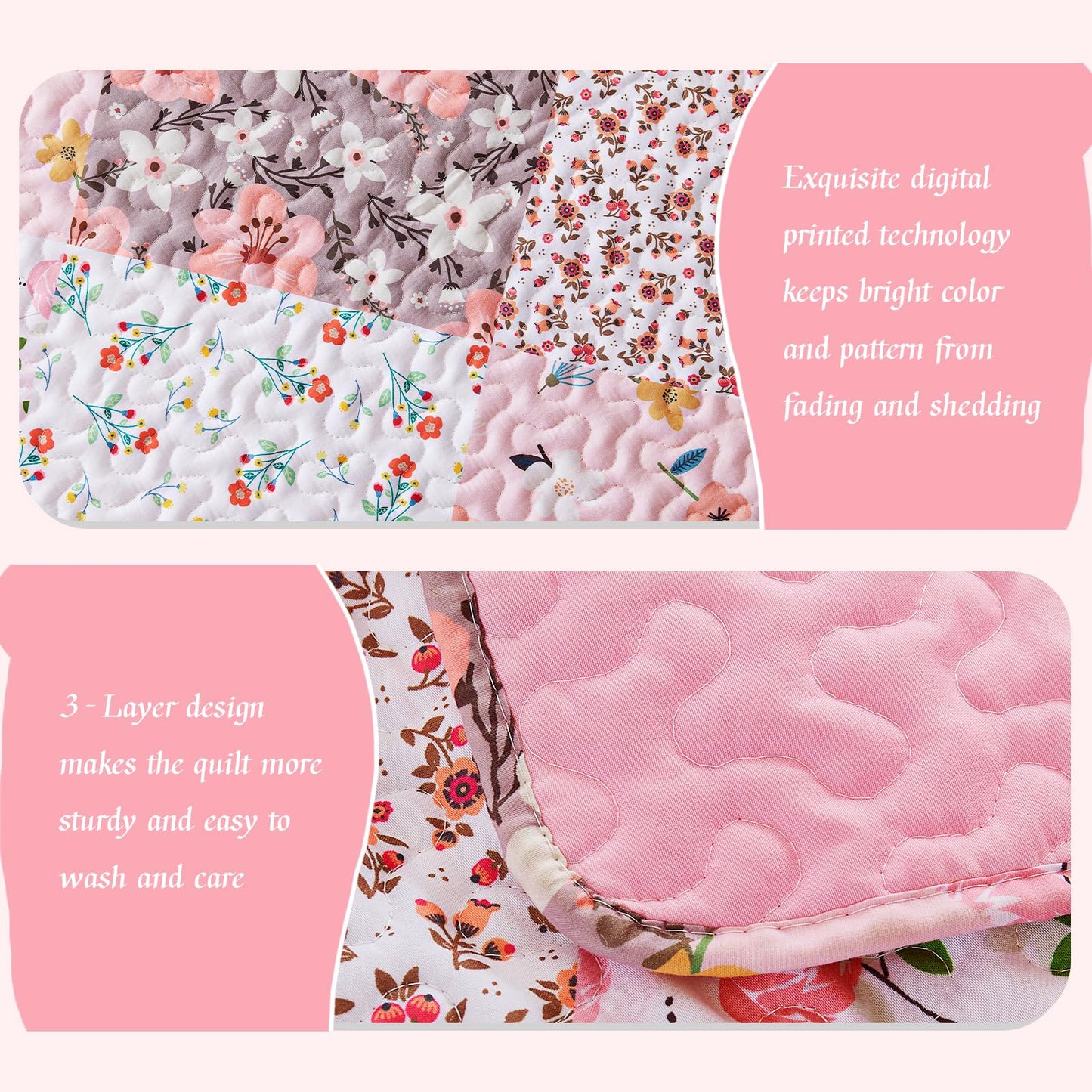 Whale Flotilla Patchwork Quilt Twin Size, Extra Soft Boho Floral Bedspreads for Bed Reversible Lightweight Twin Quilt Bedding Set Printed Coverlets with 1 Pillow Sham for All Seasons, Pink