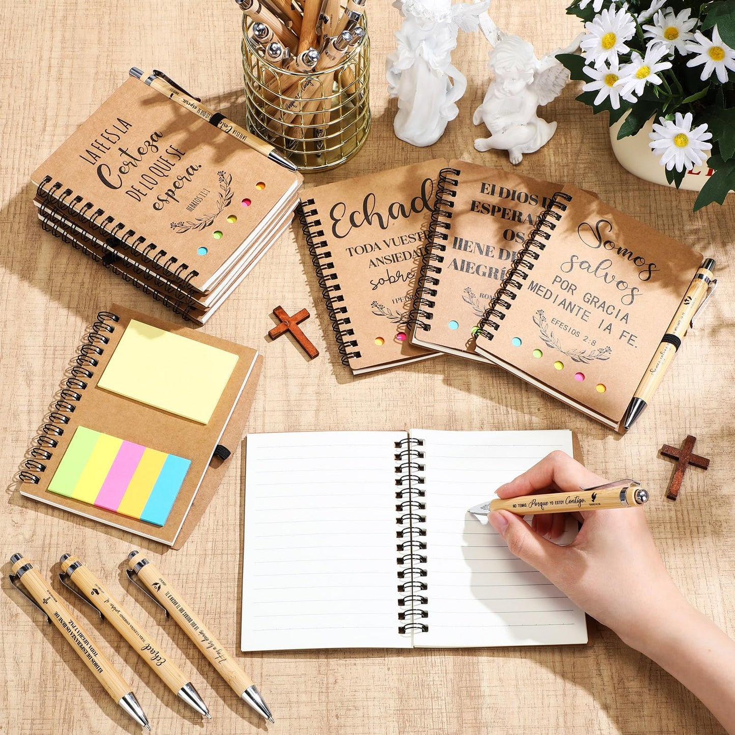Resurhang 30 Set Spanish Christian Gifts Bulk for Father Religious Notebooks with Bible Verse Pen, Inspirational Spiral Prayer Journal Notepad Church Gifts for Women Men Sunday School (Brown)